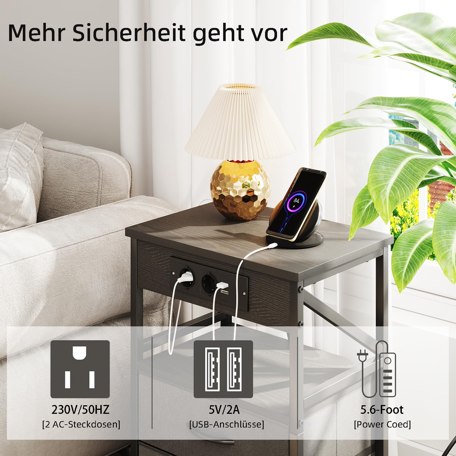 MUTUN Nachttische mit Steckdose, Beistelltisch mit Schublade & Ladefunktion, Nachttische mit 3 AC-Anschlüsse & 2 USB-Anschlüssen, Grau