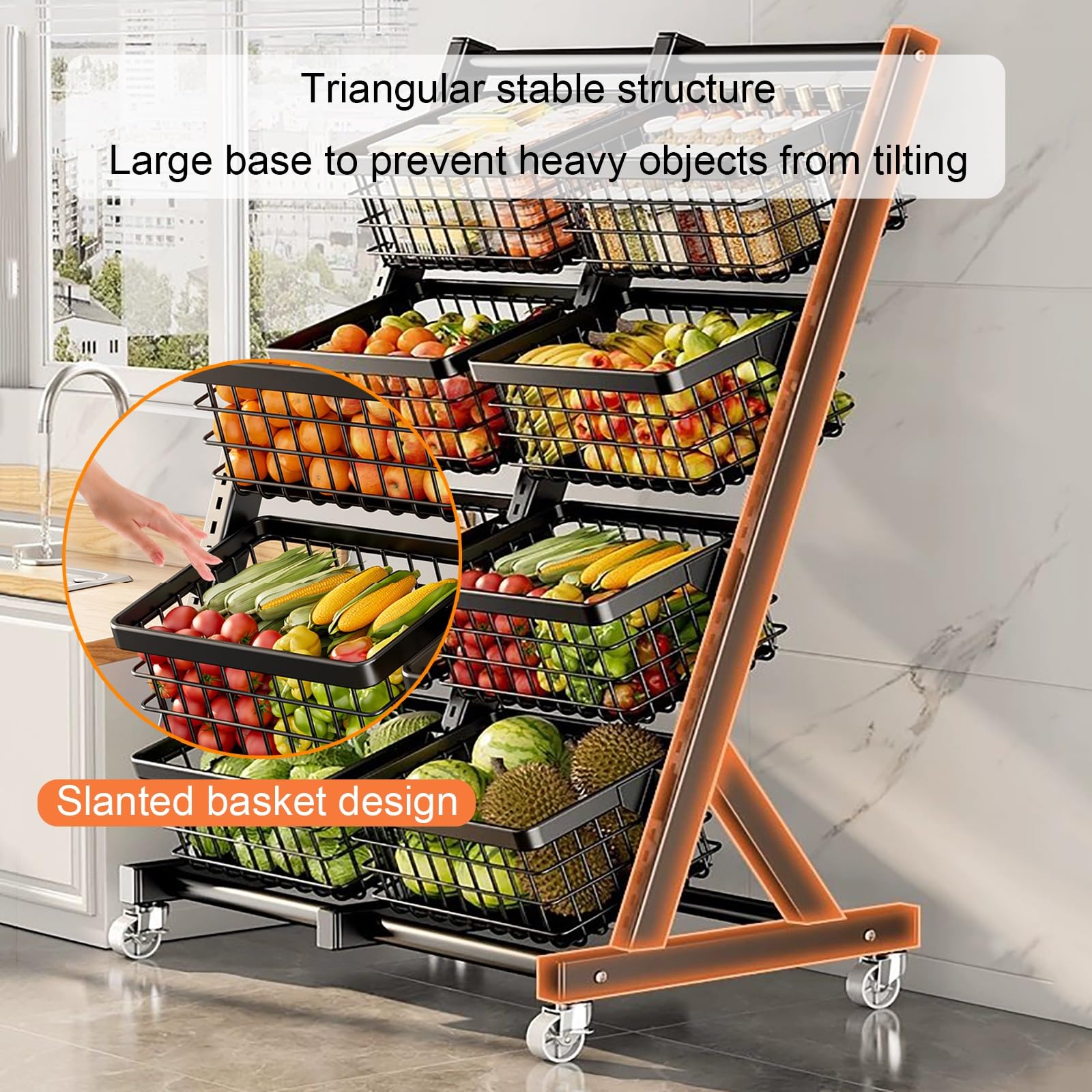 Carrito multifuncional de 3 niveles con cestas, carrito utilitario que ahorra espacio para almacenamiento de cocina y despensa, organizador móvil con ruedas