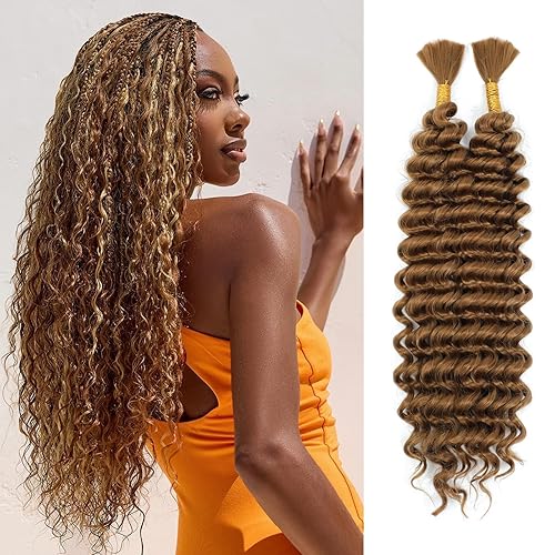 Miniatura 21 de Mezcla de cabello humano trenzado sintético bohemio para trenzar, 24 pulgadas de onda profunda a granel para trenzas bohemias, 2 piezas de cabello