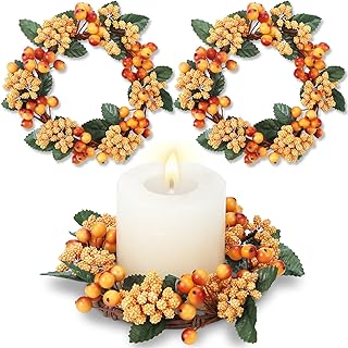 2 Pack Fall Candle Rings Wreath 6 with Artificial Berry Leaf Acorn Wreath for Mini Candle Rings Thanksgiving Fall Wedding Rustic Seasonal Decoration (Berry)