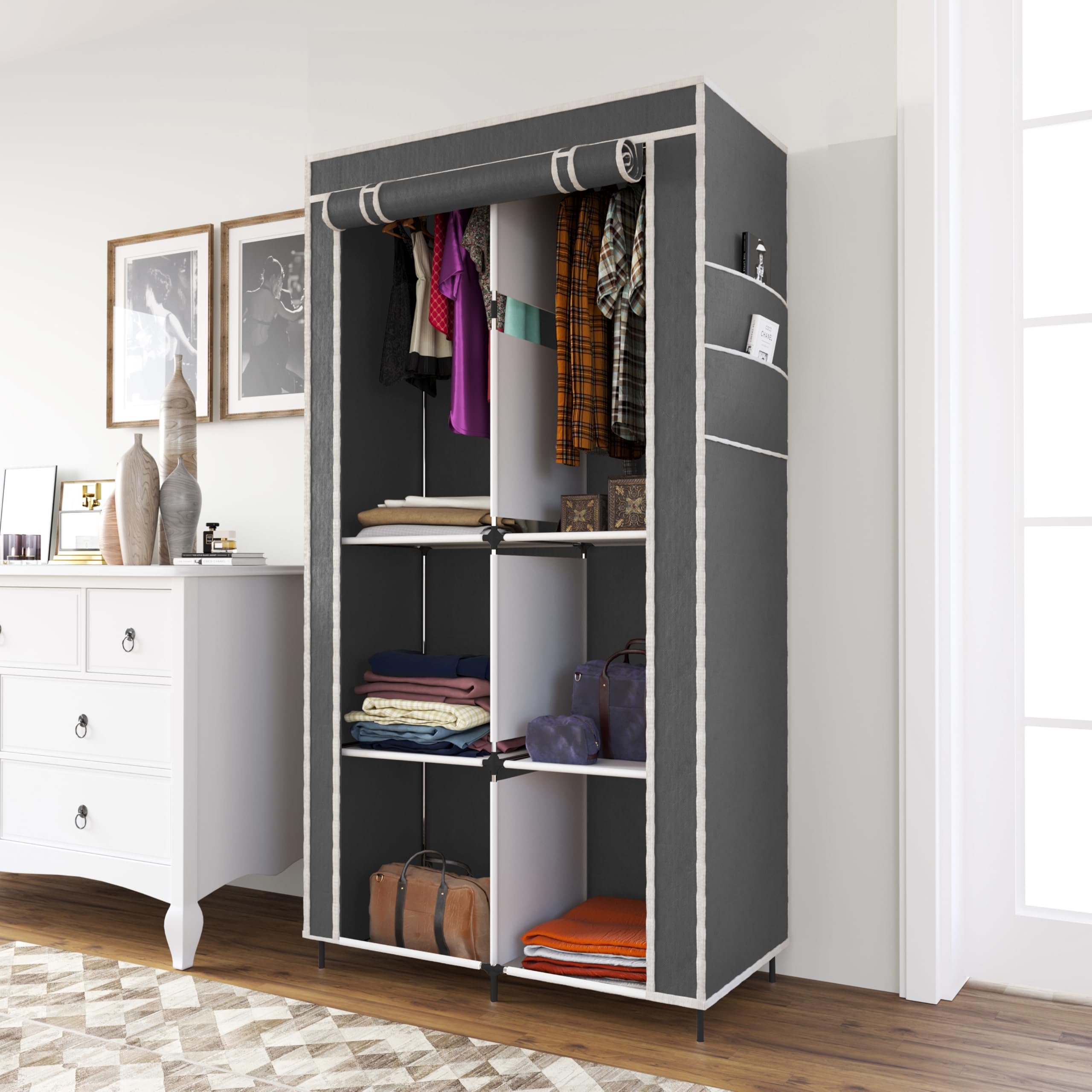 Whitecloud TRANSFORMING HOMES® 3+3 Layers Collapsible Wardrobe for Clothes with 6 shelves, 2 side Pocket and 2 Hanger (Non Woven Febric and Metal Rod, 84x42.5x166cm)(Grey,7800-3) (B09B9DXNXY) Amazon Price History, Amazon Price Tracker
