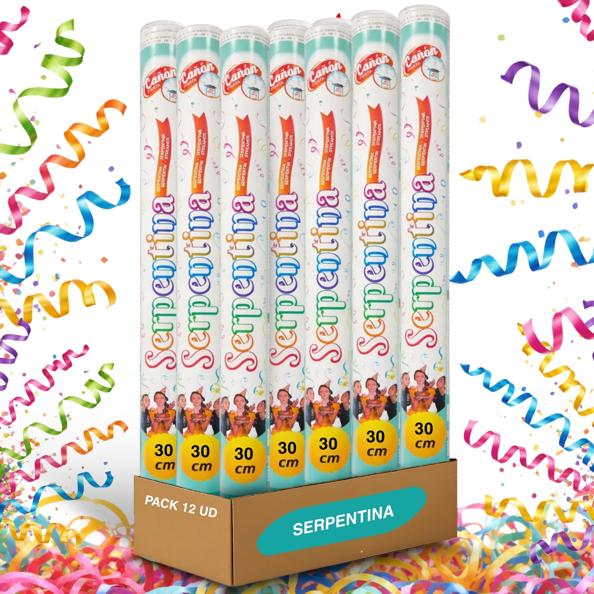 Cañón Confeti Boda, Cañón para fiestas y eventos, Fáciles y Seguros de Usar, Apto para bodas, eventos, celebraciones, Uso interior y Exterior, Diseño Serpentina Multicolor, 30 cm, Pack de 12 unidades