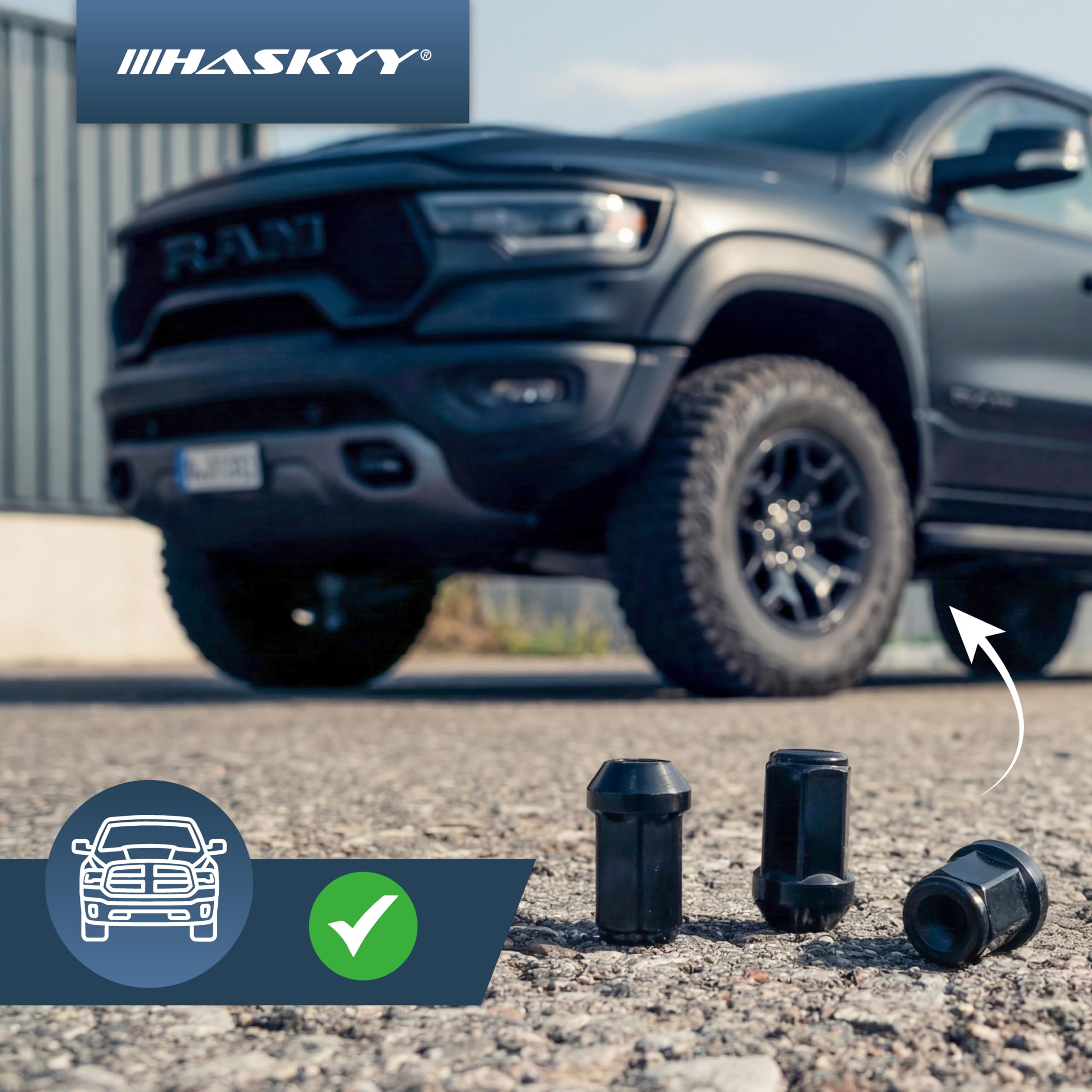 HASKYY Lot de 24 écrous de roue M14 x 1,5 x 41 mm conique 60° SW19 (largeur clé) 6 trous noirs I compatibles avec Dodge RAM à partir de 2019