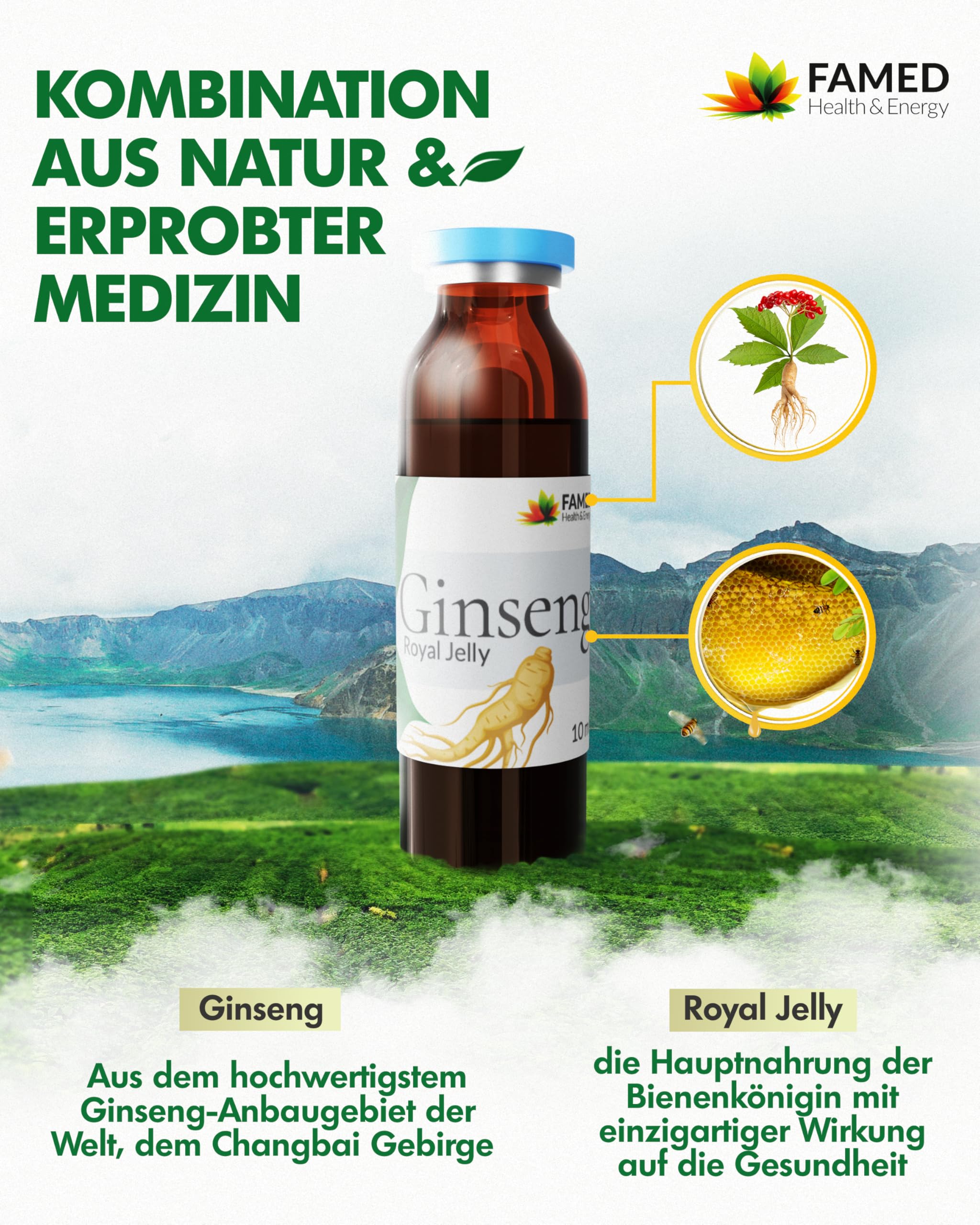 Ginseng Royal Jelly by FAMED – 30 Trinkampullen – reduziert Müdigkeit & stärkt das Immunsystem – 100% natürliche Inhaltsstoffe, hochdosiert & laborgeprüft