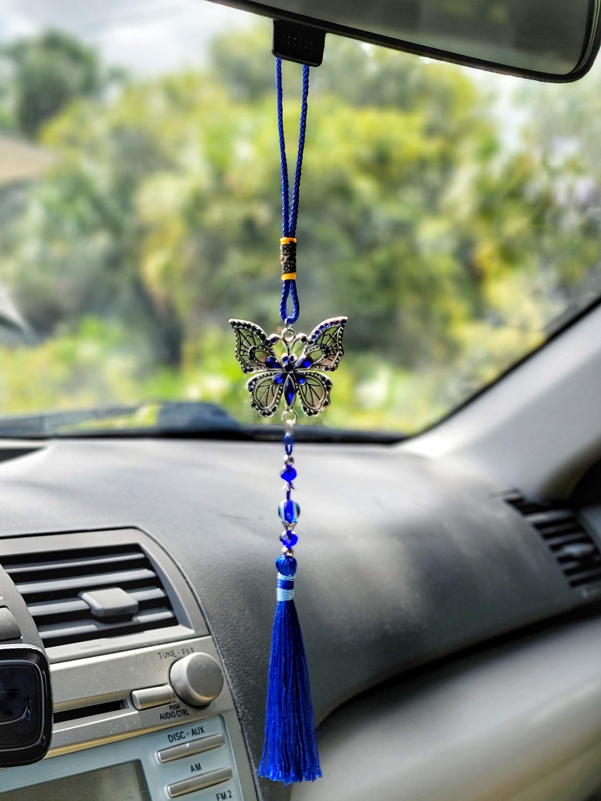 LUCKBOOSTIUM Evil Eye Butterfly Car Hanging Ornament - Blue Crystal Pendant With Tassels, Rear View Mirror Charm - View #3