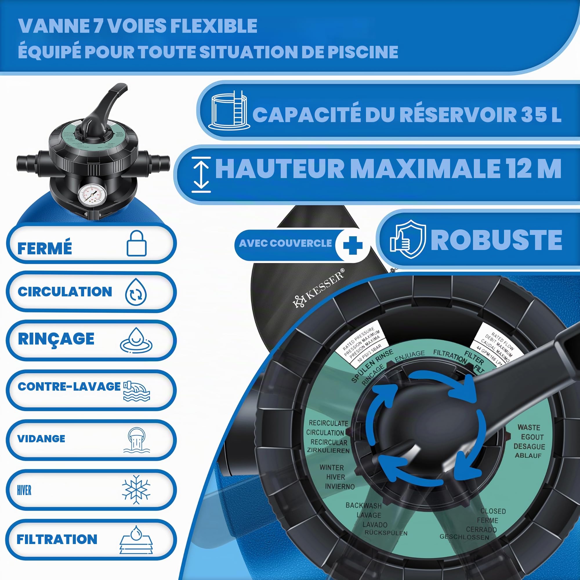 KESSER Filtre à sable avec pompe et balles filtrantes de 1200 g | Filtre de piscine 600 W | Filtre à sable pour piscine 13200 l/h | Volume du réservoir jusqu'à 30 kg de sable | Valve 7 voies avec