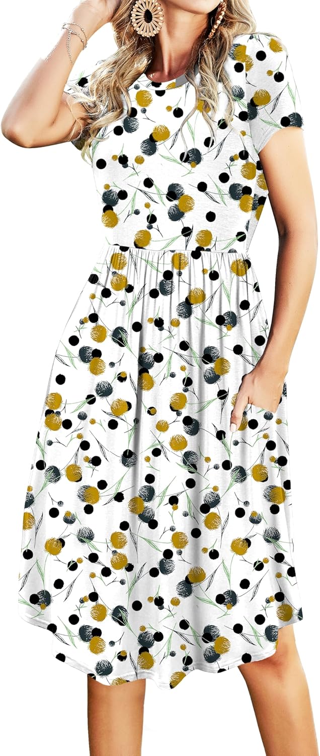 Simier Fariry Womens Summer Pocket Knee Length Teacher Casual Dress Knit Fit Flare Short Sleeve Midi Work Travel Outfits