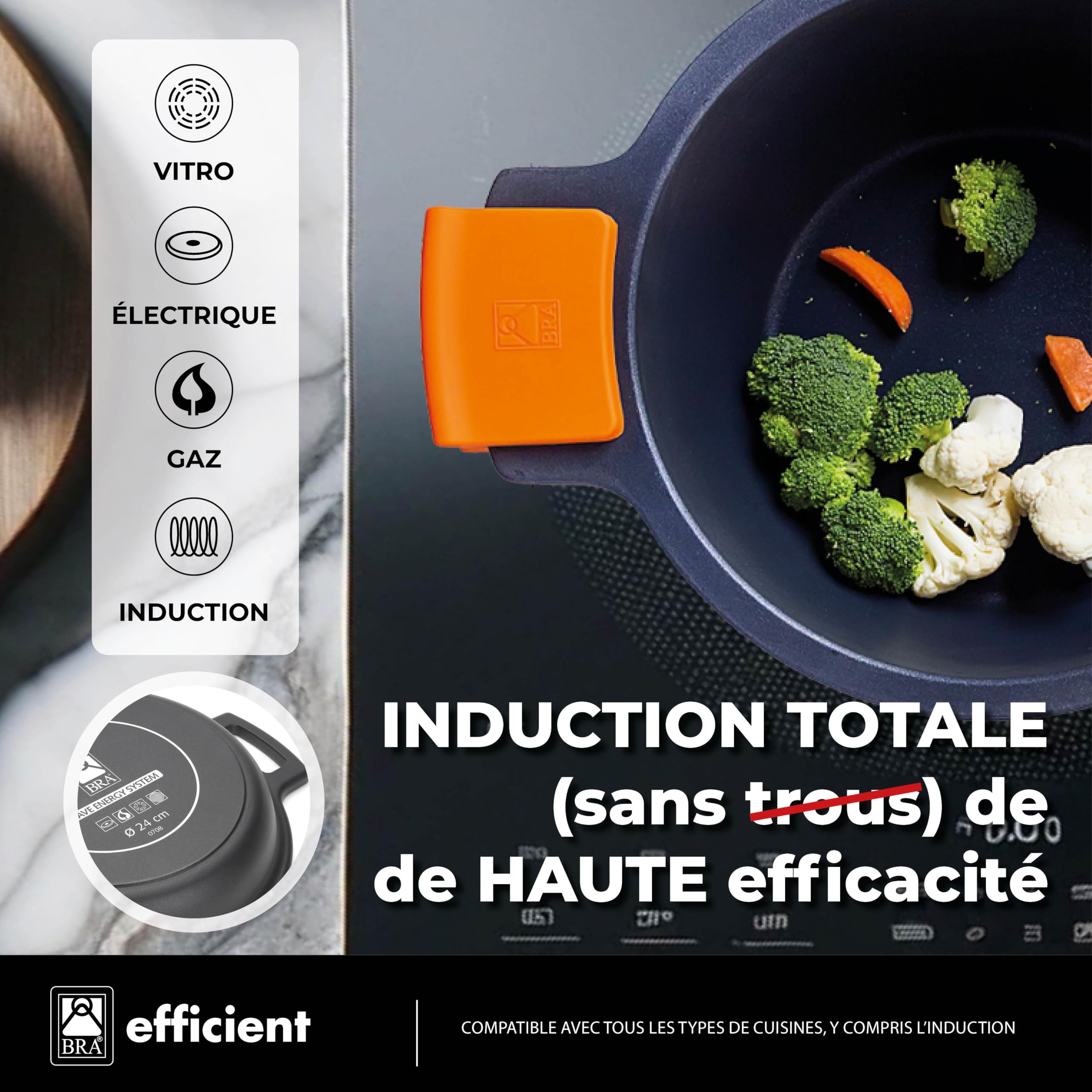 BRA Efficient | Batterie de cuisine 7 pièces en fonte d’aluminium | tous feux dont induction, revêtement antiadhésif