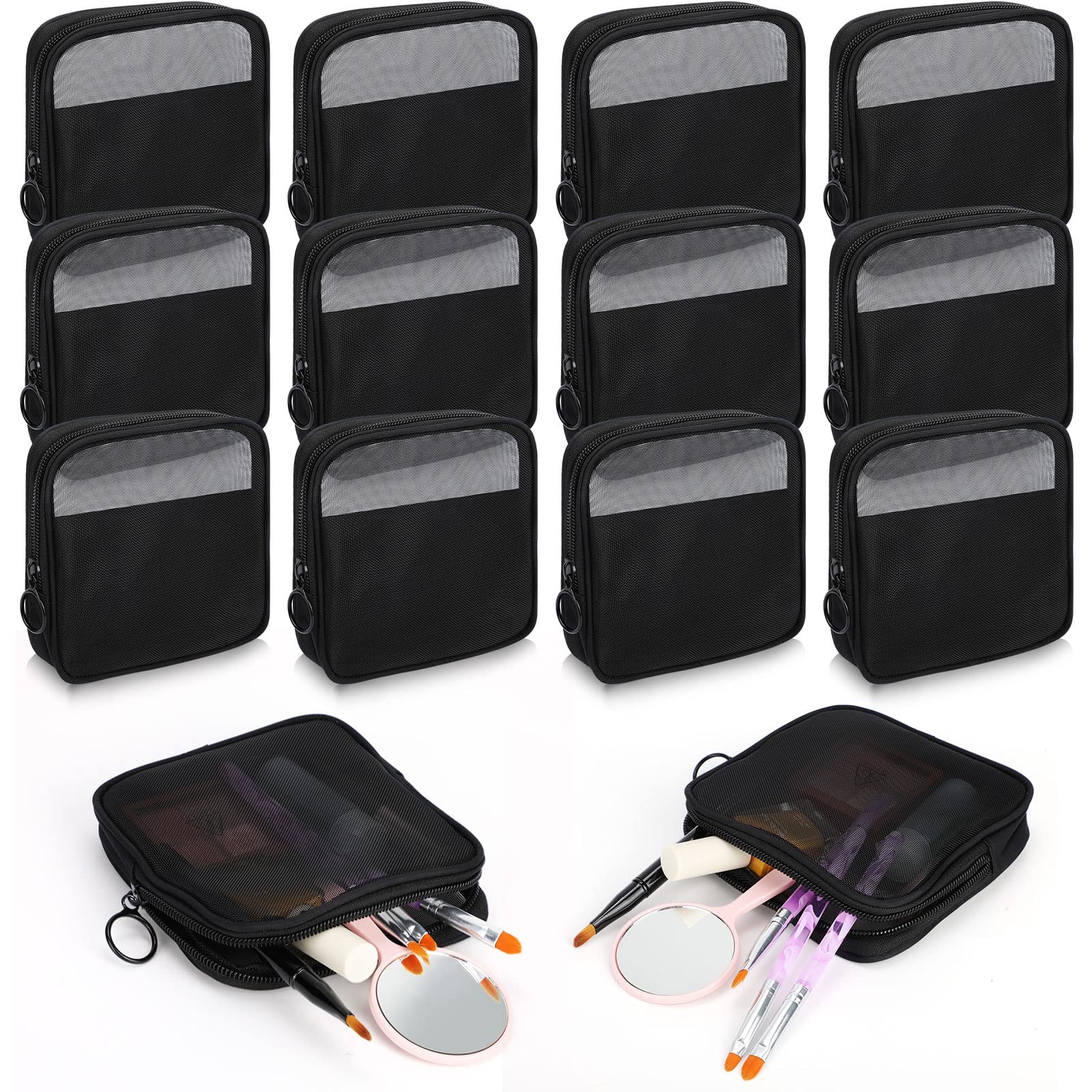 Photo 1 of 12 Pieces Mesh Travel Toiletry Bag Portable Transparent Standing Pouch Zipper Mini Makeup Bag Black Small Mesh Bags Clear Travel Pouch Beauty Lipstick Cosmetic Bags Organizer for Women, 5.1 x 5.1 Inch