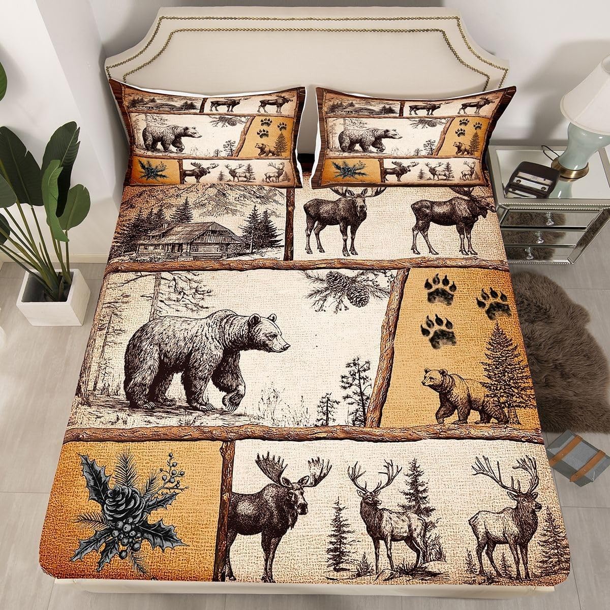 Bear Double Fitted Sheet Retro Bed Sheets Deep Pocket 12 inch (30 cm) Soft Cozy 3 Piece Microfibre Bed Sheet 135x190 cm with 2 Pillowcases 50x75 cm