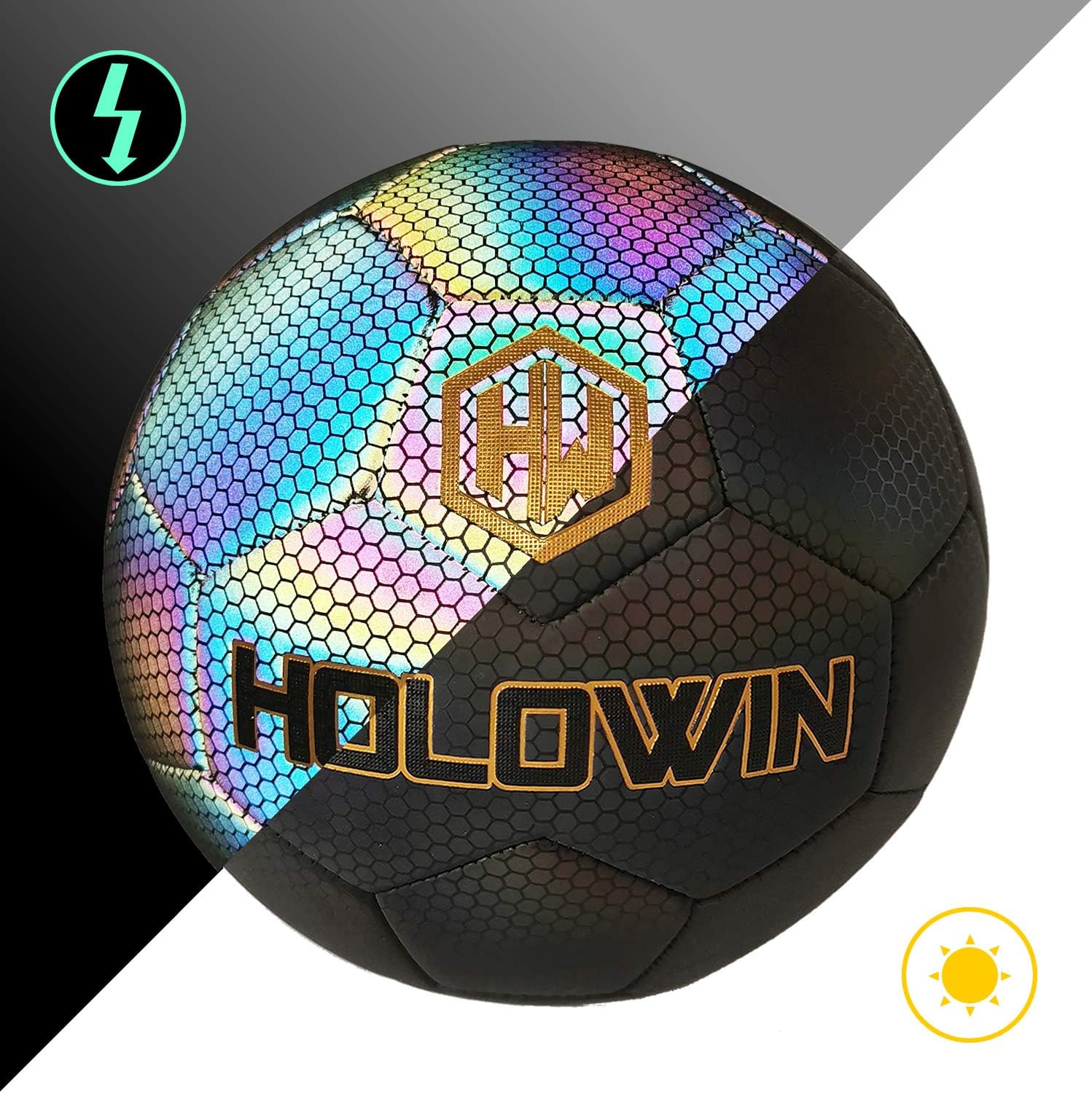 Holographic Luminous Soccer Ball for Night Games & Training Football Ball Glowing in The Dark Light Up Reflective with Camera Flash Reflects Light Gifts, & Men (Size 5, Black)
