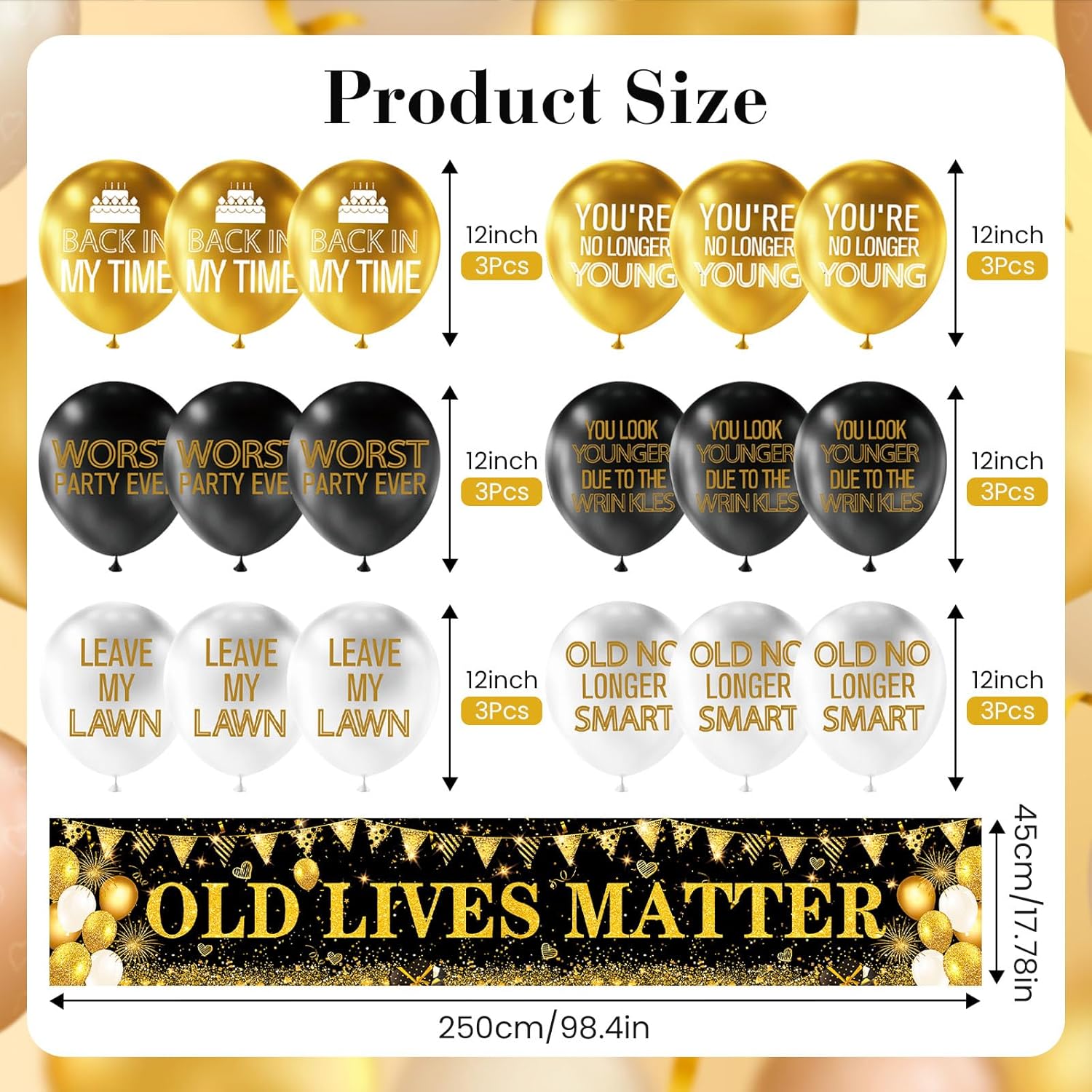 OLD LIVES MATTER Party Decorations Black Gold Funny Happy Birthday Banner and 18 Pcs Old Men Balloons for 30th 40th 50th 60th 70th 80th 90th Birthday Retirement Yard Backdrop Supplies Outdoor Indoor