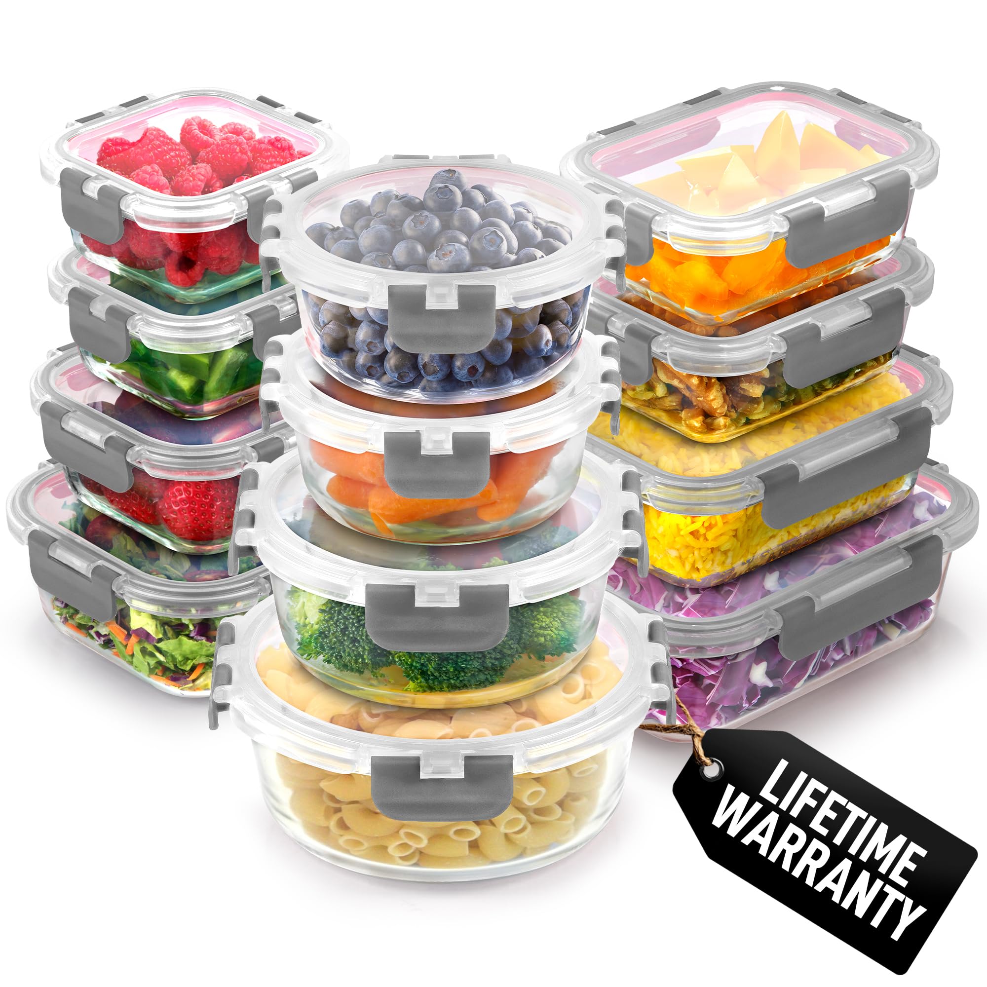 Zulay Kitchen Grey Glass Containers With Lids 12-Pack, Freezer Safe Food Glass Tupperware Set - Meal Prep Containers Set With Lids - Borosilicate Lunch Containers, Microwave & Oven Safe