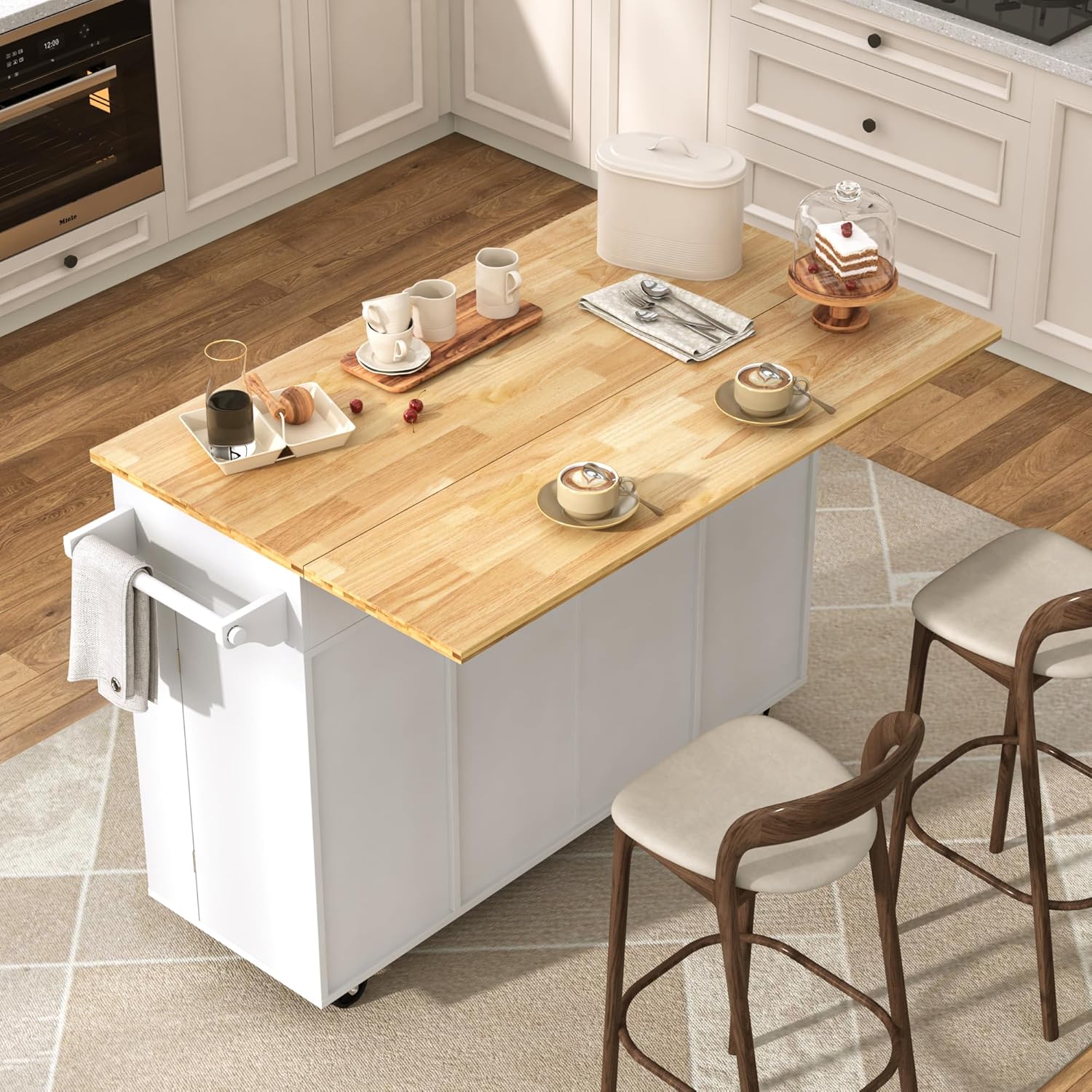 Gitua 55" W Rolling Kitchen Island with Drop Leaf – Movable Kitchen Carts on Wheels Island with Storage Cabinet, Island Table for Kitchen with Rubber Wood Top and Rack and Drawers, Matte, White