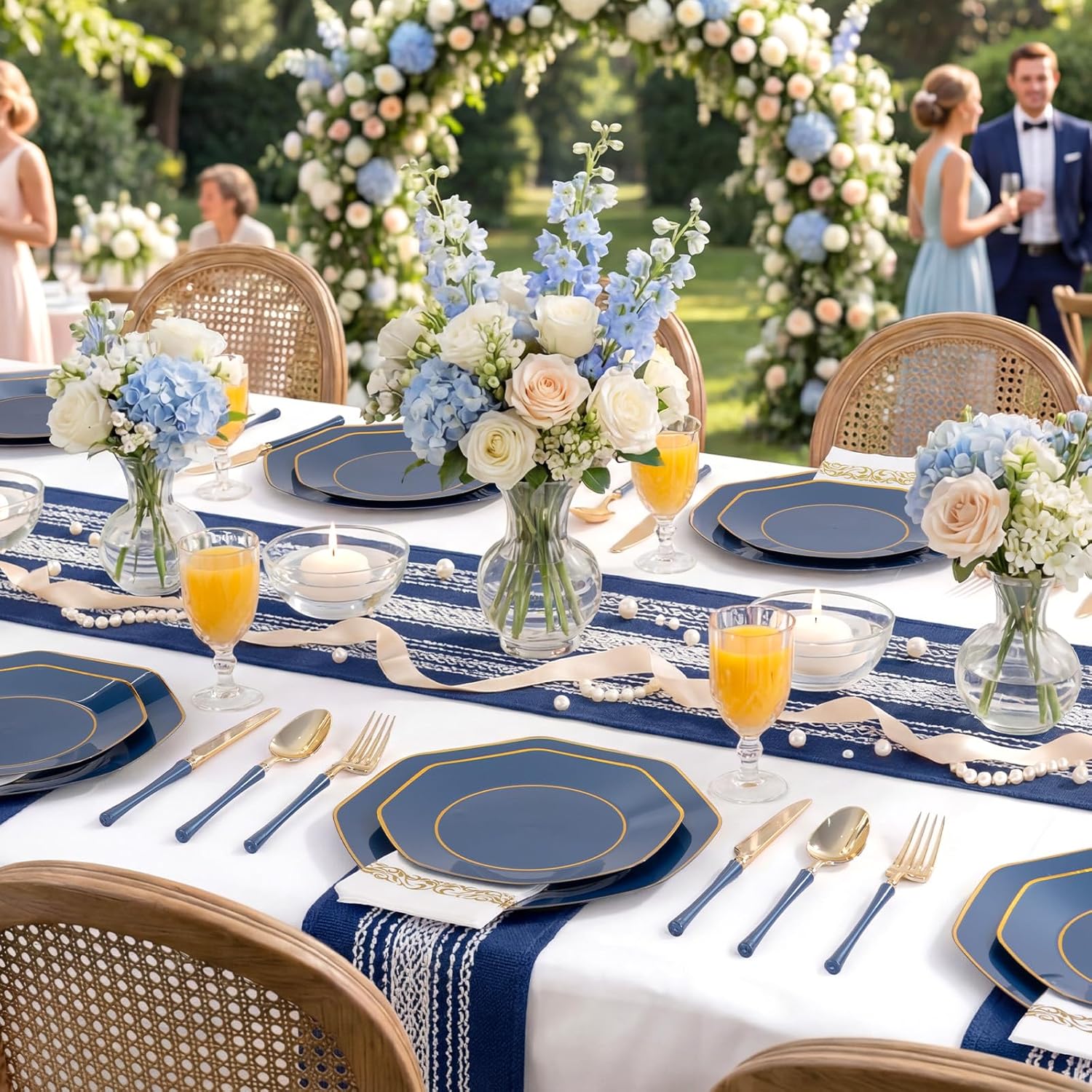 KIRE 140Pcs Blue Plastic Plates with Gold Rim - Gold Disposable Plastic Silverware with Blue Handle&Clear Cups&Hand Napkin - Geometric Party Plates for Hanukkah/Holiday/Party - Image 10