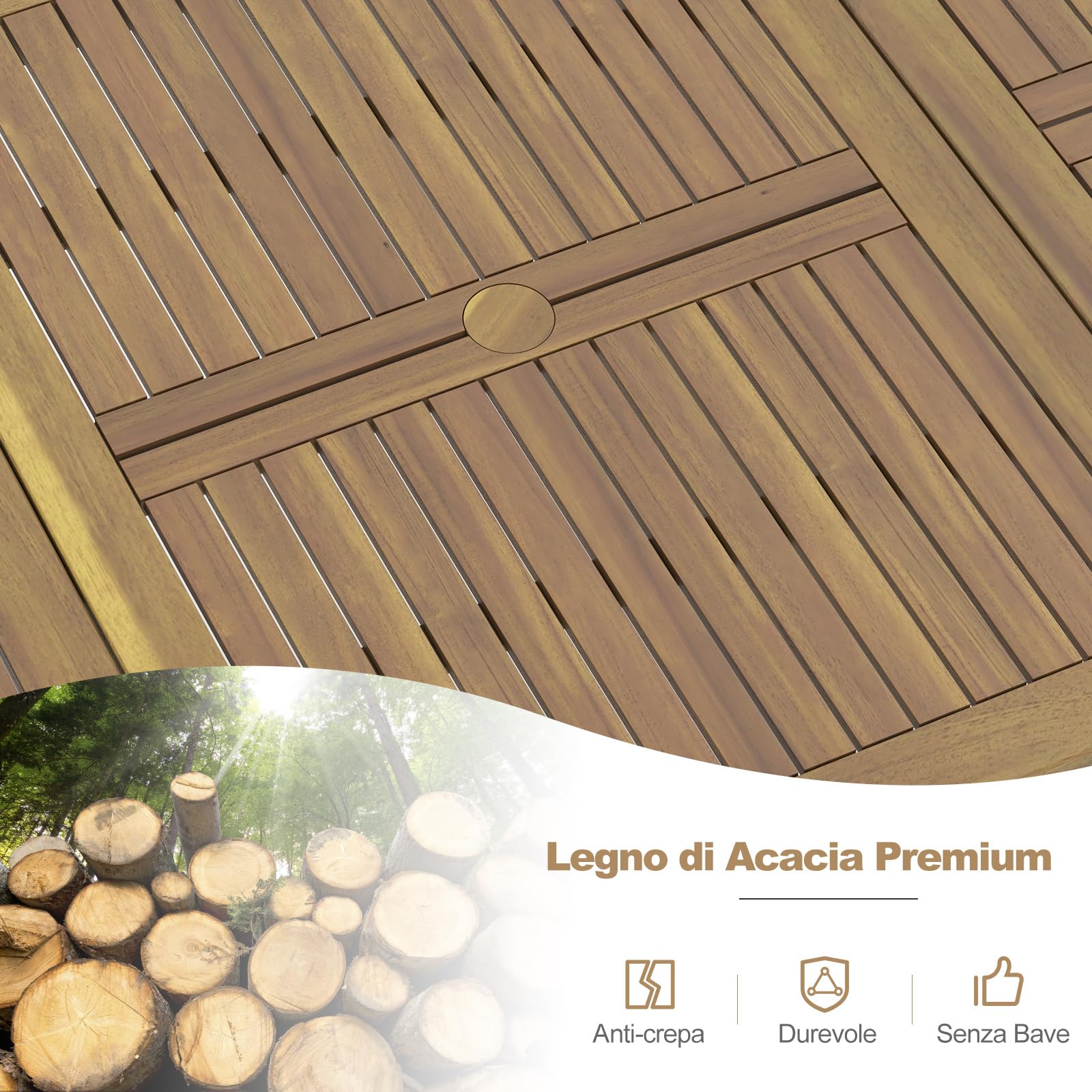 COSTWAY Tavolo da Pranzo a 8 Posti, Tavolo da Giardino 200 cm in Legno di Acacia, con Foro per Ombrellone da 5 cm, Gambe in Metallo, per Giardino, Cortile, Portata 75 kg (Modello 1)