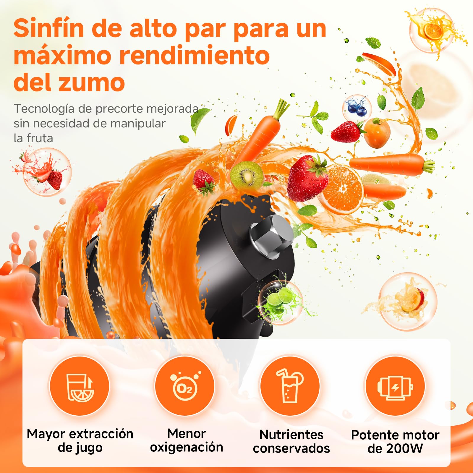 Aobosi Licuadora prensado en frio, Extractor de zumos y frutas con motor silencioso, 1.5 L, 200 W, Extractor de jugos Cold Press Slow Juicer Machine con Sinfín Mejorado