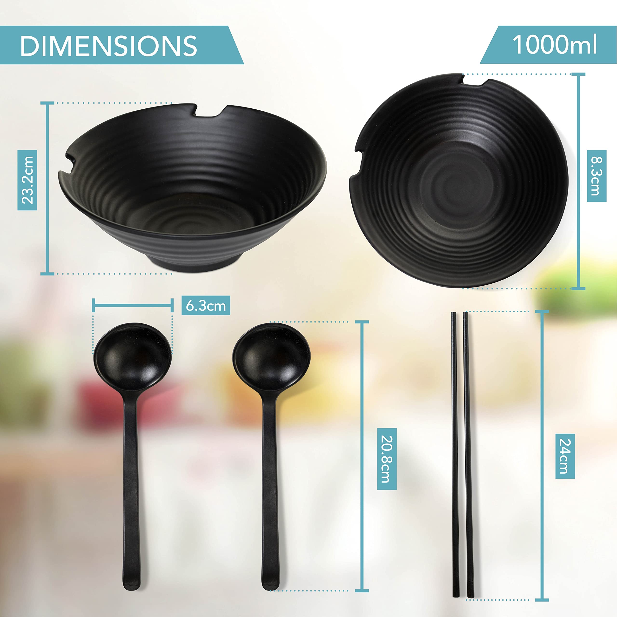 HEFTMAN Juego de 2 cuencos de ramen japonés - elegantes cuencos de ramen de 1000 ml, aptos para lavavajillas, juego de cuencos de fideos de plástico duradero - Con cucharas y palillos a juego (negro)