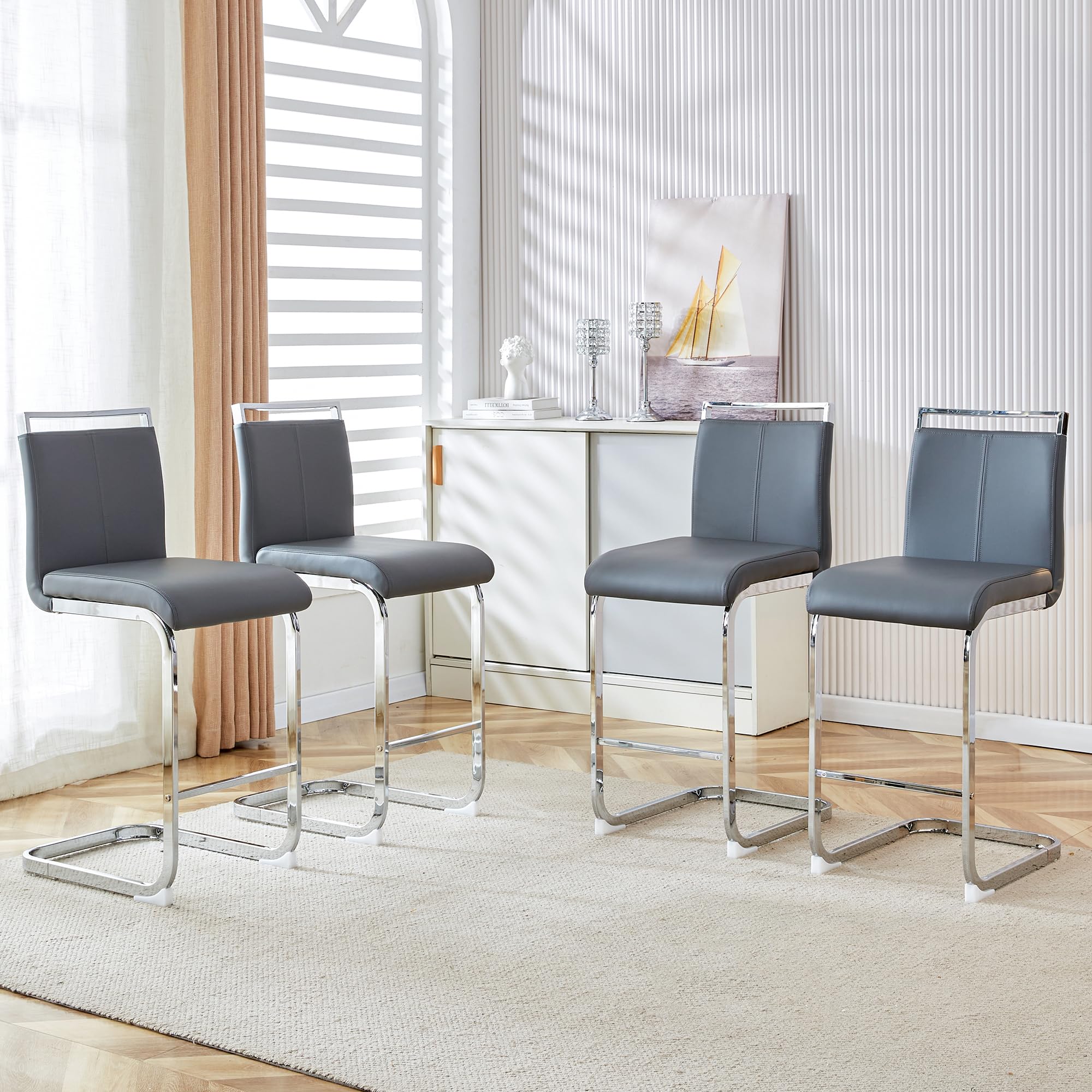 Rejeke Counter Height Bar Stools Set of 4,25" Modern Bar Stools Set of 4,Grey Faux Leather Bar Stool with Back,Sturdy Silver Chrome Footrest,Counter