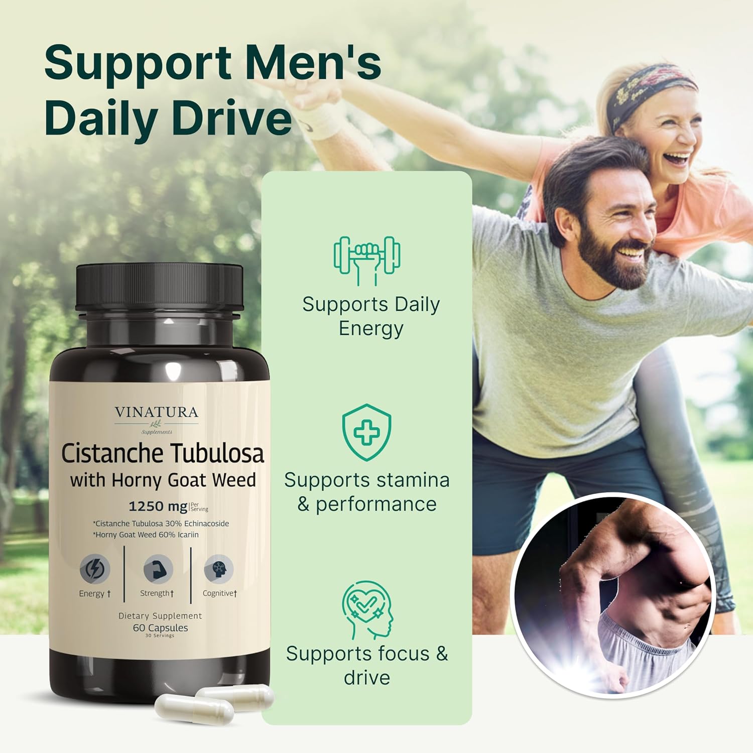 VINATURA Cistanche with Horny Goat Weed 60% Icariin - 1250mg per Serving, Cistanche Tubulosa, Cistanche Supplement Men, Energy, Strength Cognitive *USA Made and Tested* - 60 Capsules 30 Servings - Image 3