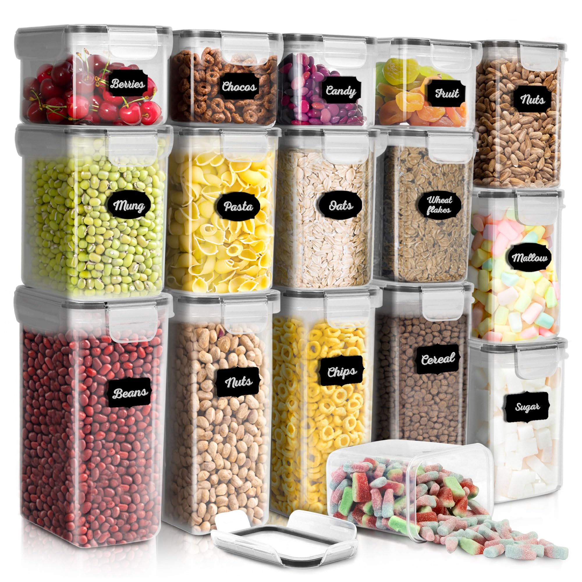 HEFTMAN Airtight Food Storage Container - Set of 16 Plastic Kitchen Storage Containers - Clear, BPA-Free Cereal, Flour, Pasta Storage Containers with Labels & Pen Pantry Organizers and Storage