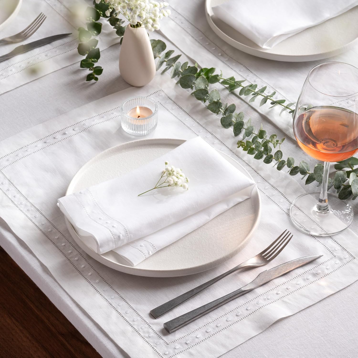 Linen Placemats 14 x 19 inch - 100% Pure Linen White Placemats with Embroidered Dot Set of 4 - Hemstitch Linen Placemats Washable for 4th of July and Summer Decor