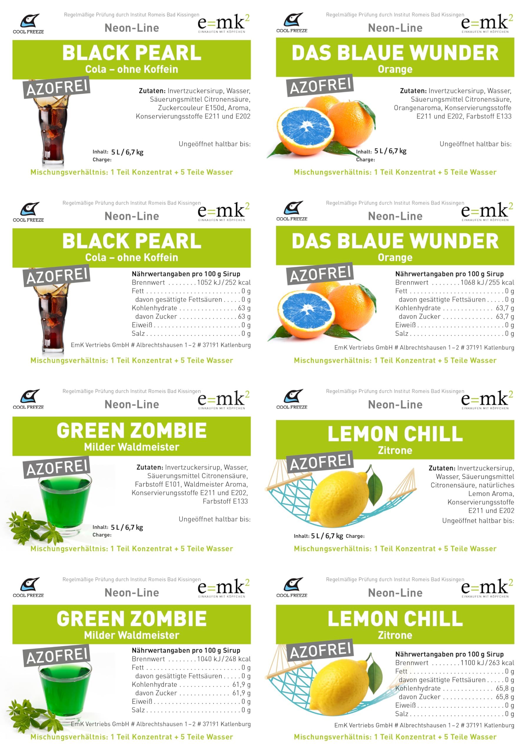 Slush-Sirup 8×5 L Set azofrei • Konzentrat von COOL FREEZE • Cola, Orange, Kokos, Waldmeister, Kirsche, Maracuja, Erdbeere, Zitrone • Ideal für Slushmaschine, Events, Partys, Sommer & Kinder