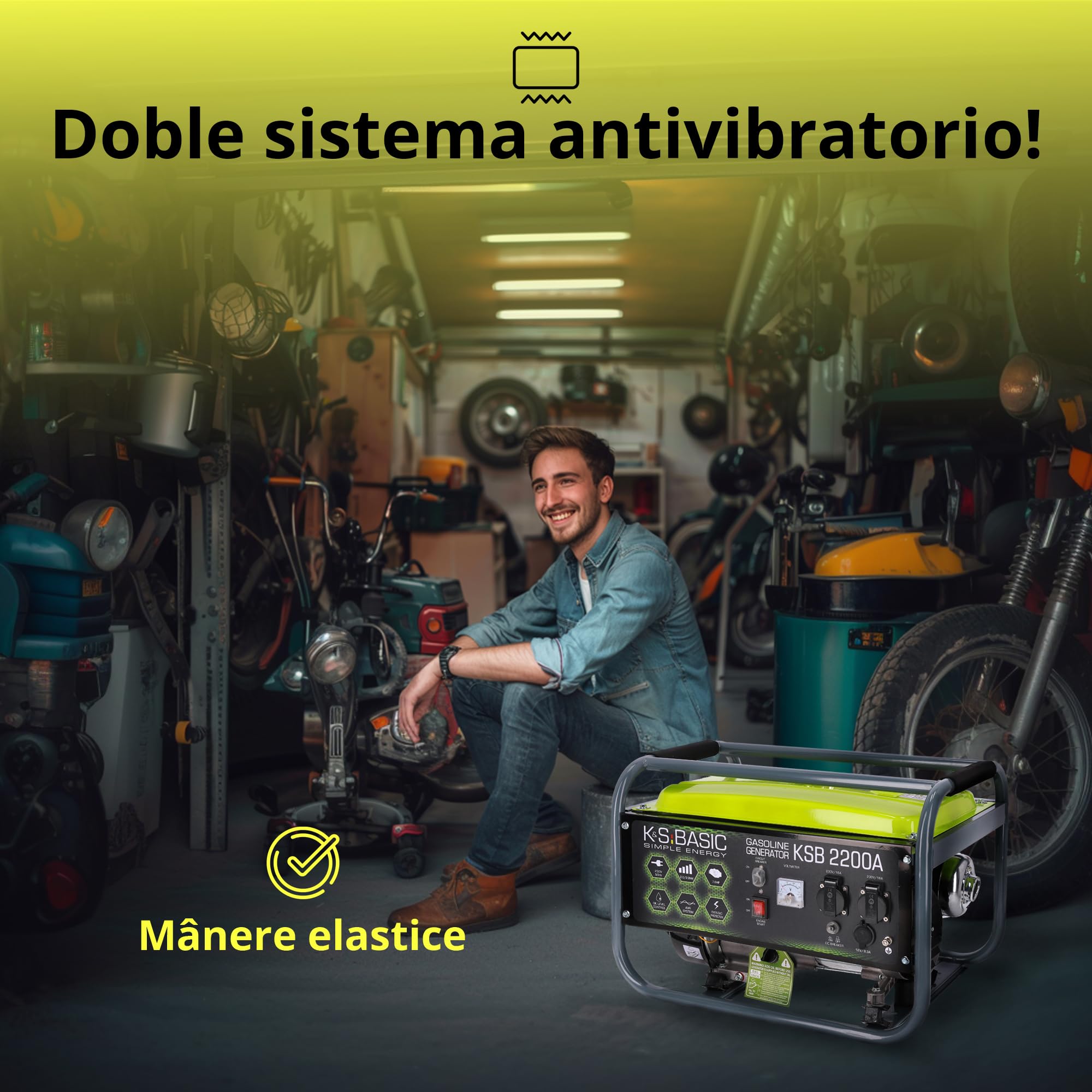 Generador de gasolina KSB 2200A con la potencia de 2200 W, arranque manual, regulador automático de voltaje (AVR), voltímetro, 2 x Schuko 230 V, salida 12V, alternador con bobinado de aluminio