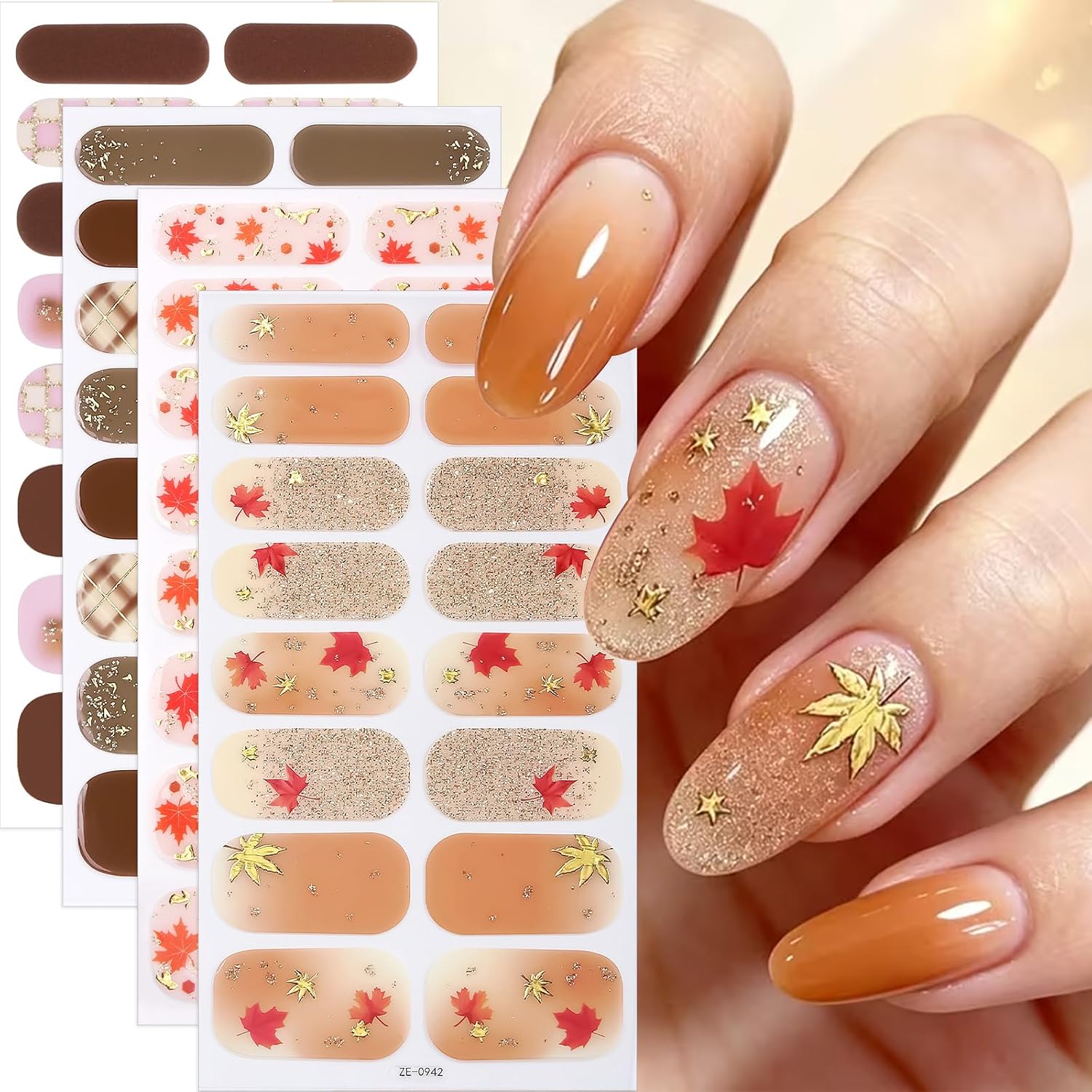 Fall Nail Art Wraps, Self Adhesive Maple Leaf Gold Foil Nail Polish Strips