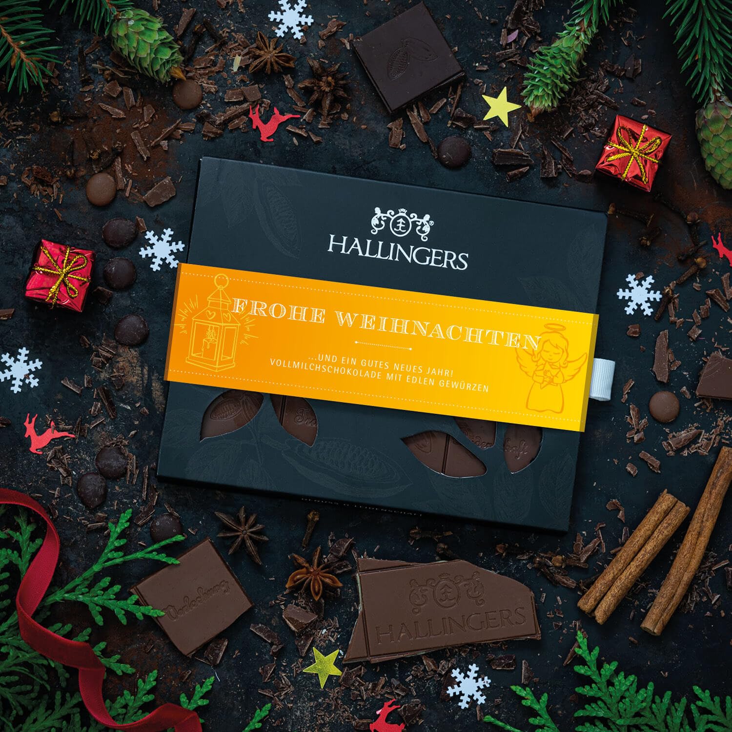 Hallingers Genuss Manufaktur Schokolade Weihnachts-Geschenk - Tafel Edelkakao handgeschöpft ohne Alkohol edler Karton 10x "Frohe Weihnachten" Xmas-Gewürze, Weihnachten für Frauen Männer