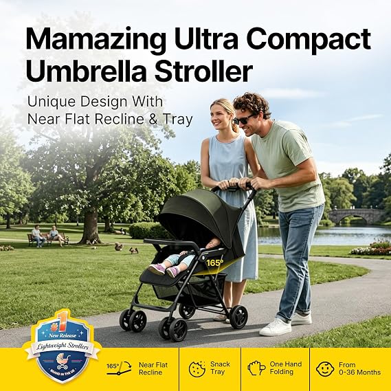 Mamazing Lightweight Umbrella Travel Stroller with Near-Flat Recline Seat