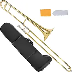 AKLOT Trombone Tenor Bb Clássico: Instrumentos de latão plano B de nível básico com sino martelado à mão, acabamento em laca dourada antimanchas, ideal para iniciantes, inclui estojo rígido, bocal