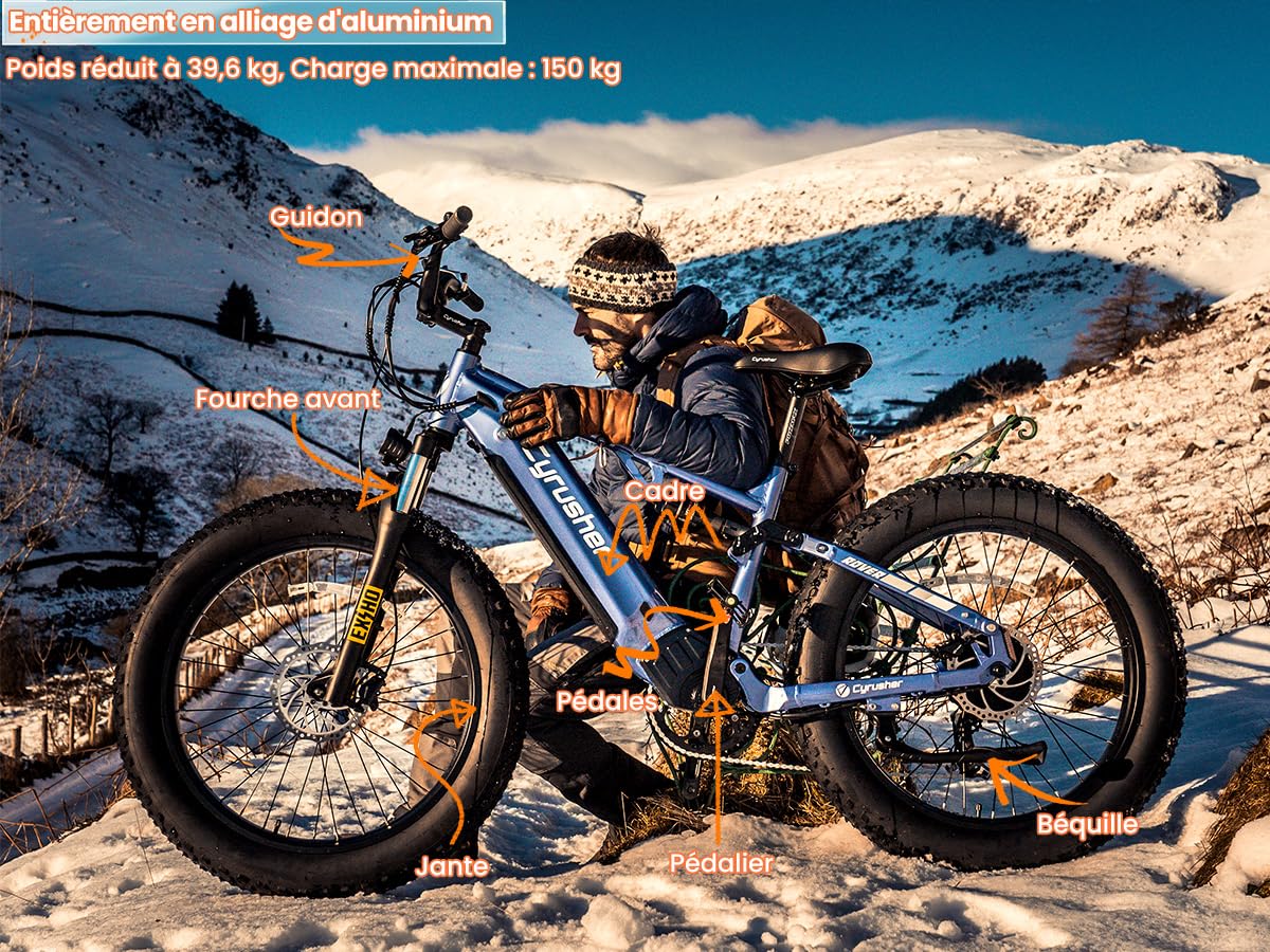 Vélo Électrique en Aluminium Rover 26Pouces, 250W 25 km/h 52V 16Ah 811Wh 101 km, Suspension intégrale, Freins à Disque Hydrauliques