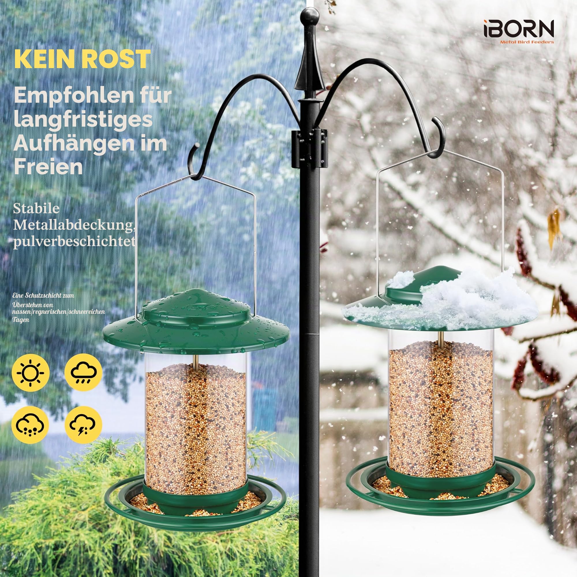 iBorn Vogelfutterspender,Metall Vogelhaus zum Aufhängen,Futterhaus für Vogel mit Futterschale,6 Futterlöcher,18 cm Wetterfest Dach,Ganzjährige Vogelfütterung,Wildvögel Futtersilo,Grün