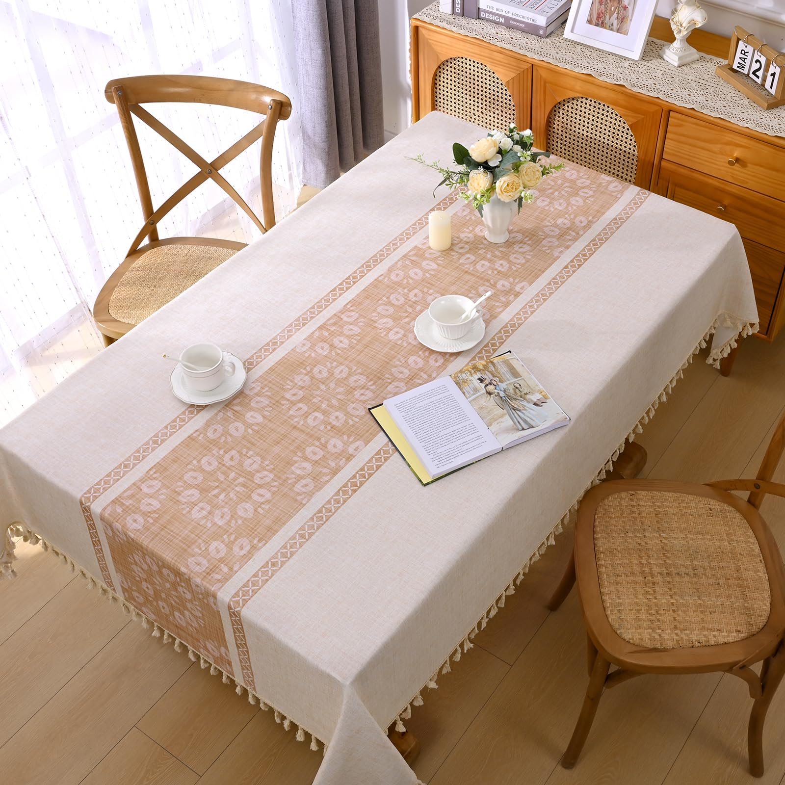 Tovaglia Rettangolare In Finto Lino Impermeabile, Motivo Floreale Vintage Francese Con Nappe - Grigio - 3