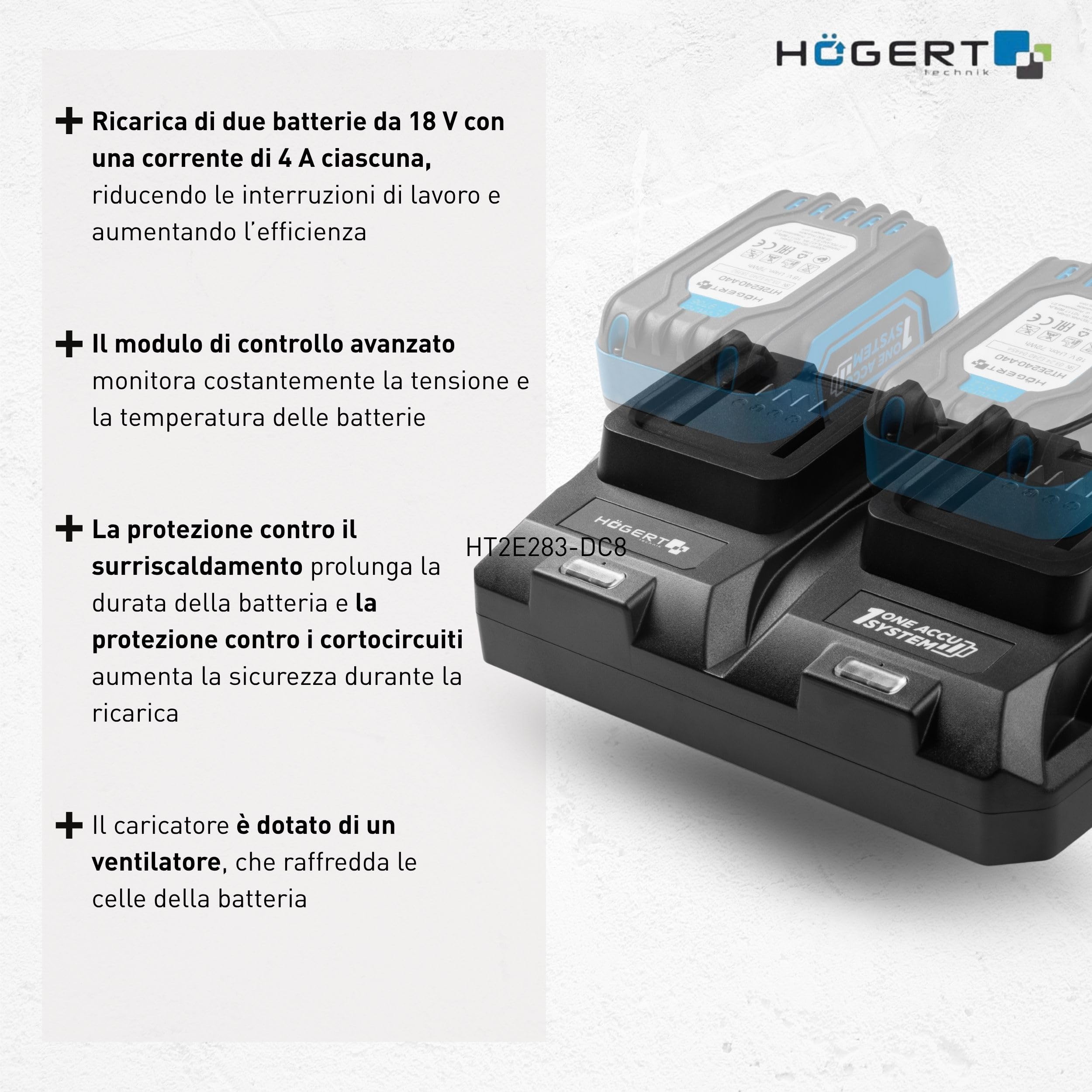 HÖGERT Technik - Doppio caricatore a batteria da 18 V Duo 8 A per utensili elettrici, caricatore rapido con due porte di ricarica, elettronica intelligente, indicatore LED e ventola attiva