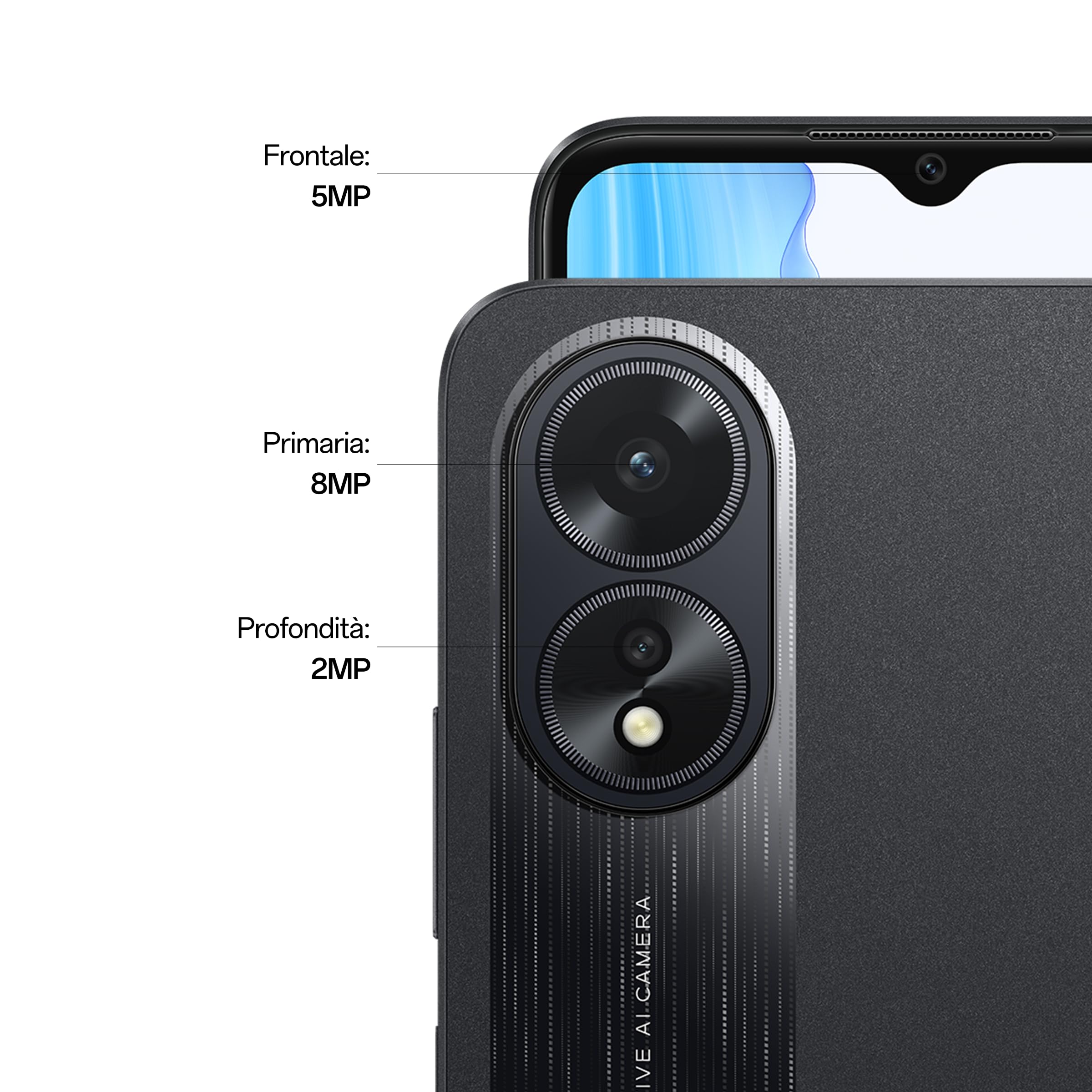 OPPO A18 Smartphone, AI Doppia Fotocamera + Flash, Selfie 5MP, Display 6.56” 90HZ LCD HD+, 5000mAh, RAM 4 (Esp 1GB/2GB/4GB)+ROM 128GB (esp1TB), IP54, Supporto Auto Versione Italia, Glowing Black