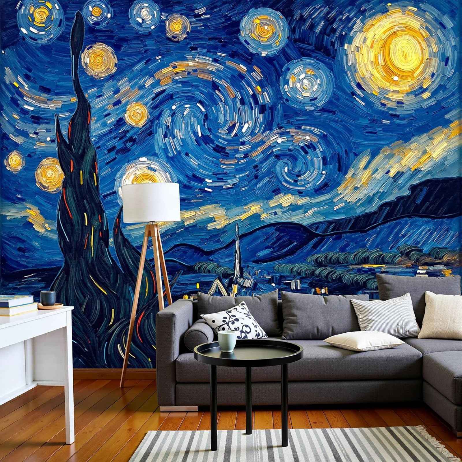 Photo wallpaper Impressionist oil painting XXL, village starry sky landscape 3D effect, blue for living room bedroom non-woven wallpaper wall mural, 250cm x 175cm stickers - frameless painting - poste