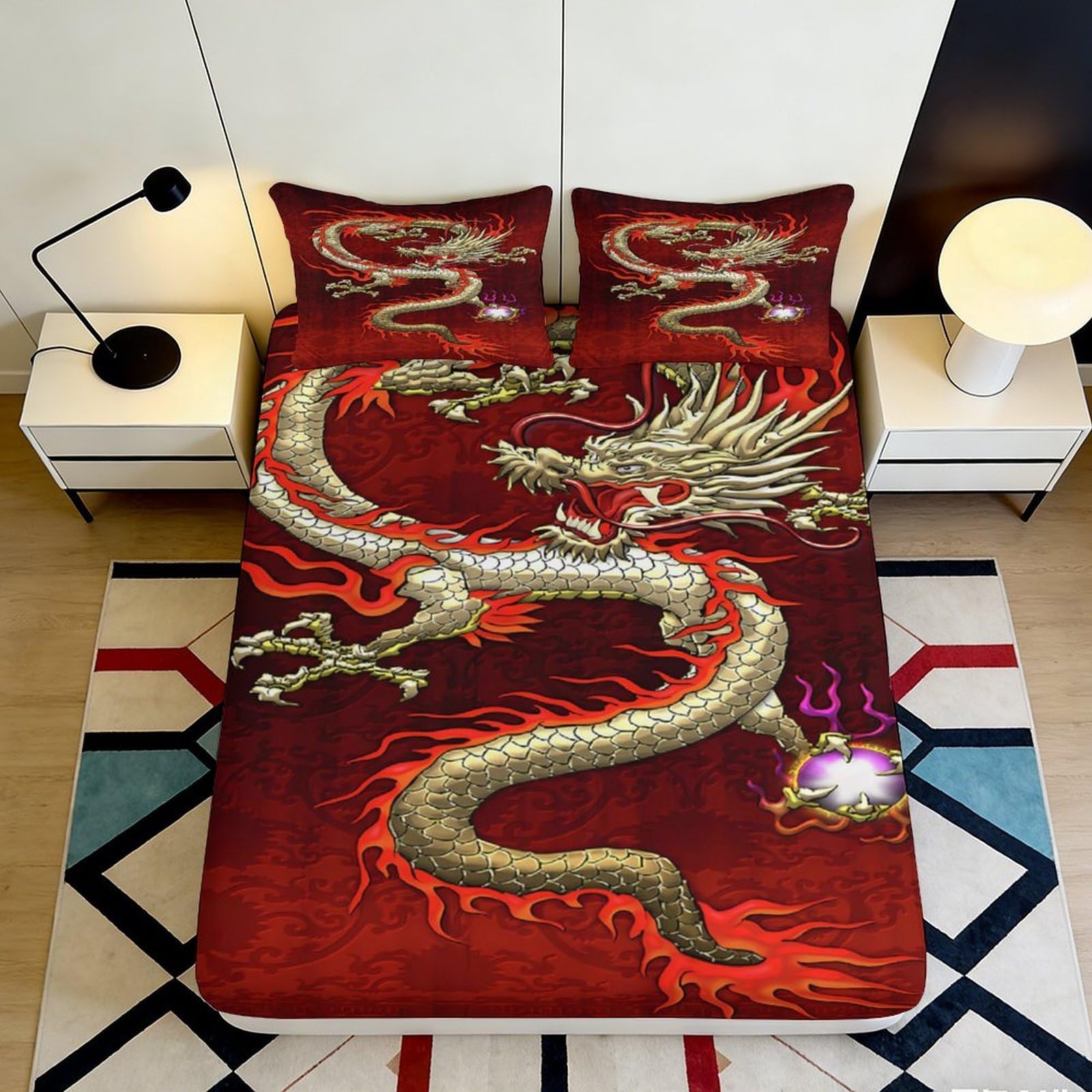 3D Printed Oriental Dragon Fitted Sheet Microfiber Deep Pocket Non-Slip Bedroom Bedding Oriental Dragon Mattress Fitted Cover for Home 140x200x25cm