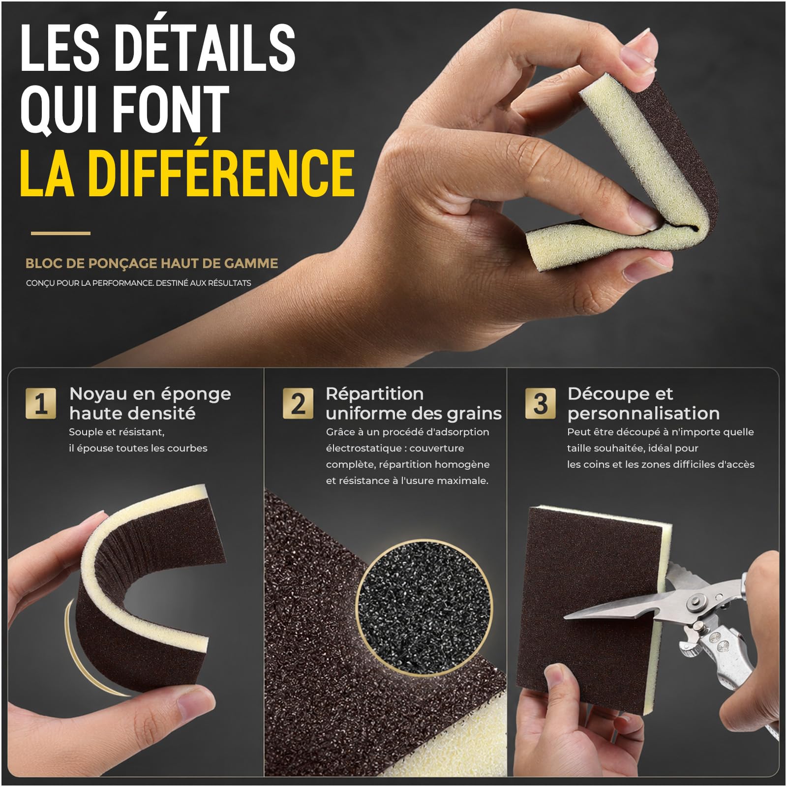 Éponge Abrasive Grain 120, Lot de 18, Tampons de Ponçage Souples et Flexibles pour Usage à Sec ou à l'eau, pour Éliminer Rayures et Saletés sur Murs en Plâtre, Bois et Métal