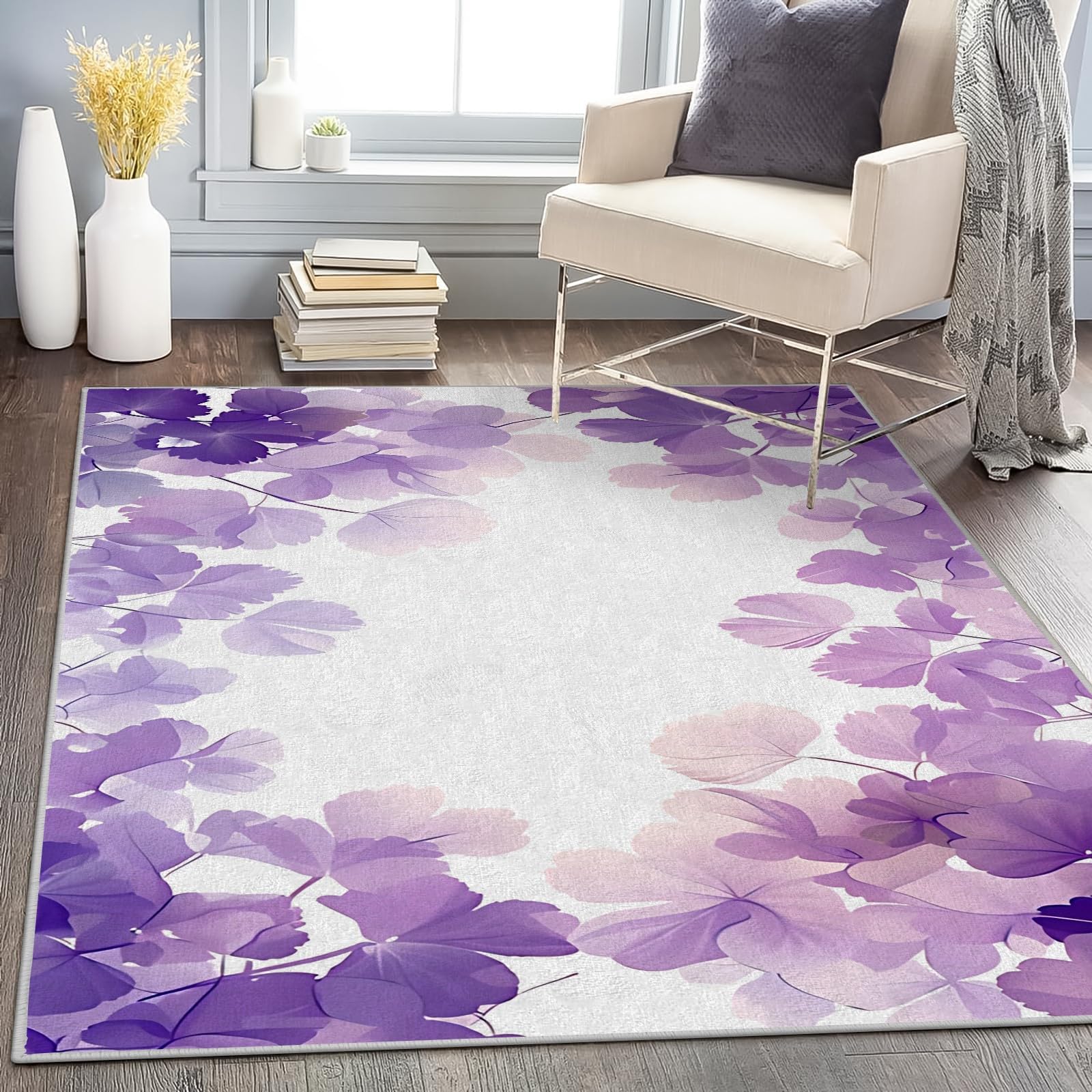 Teppich Quadratisch 150x150 Lila Blätter Teppich Kurzflor Waschbar in Waschmaschine Blumen Teppich Gegend rutschfest Dünn Saugfähig für