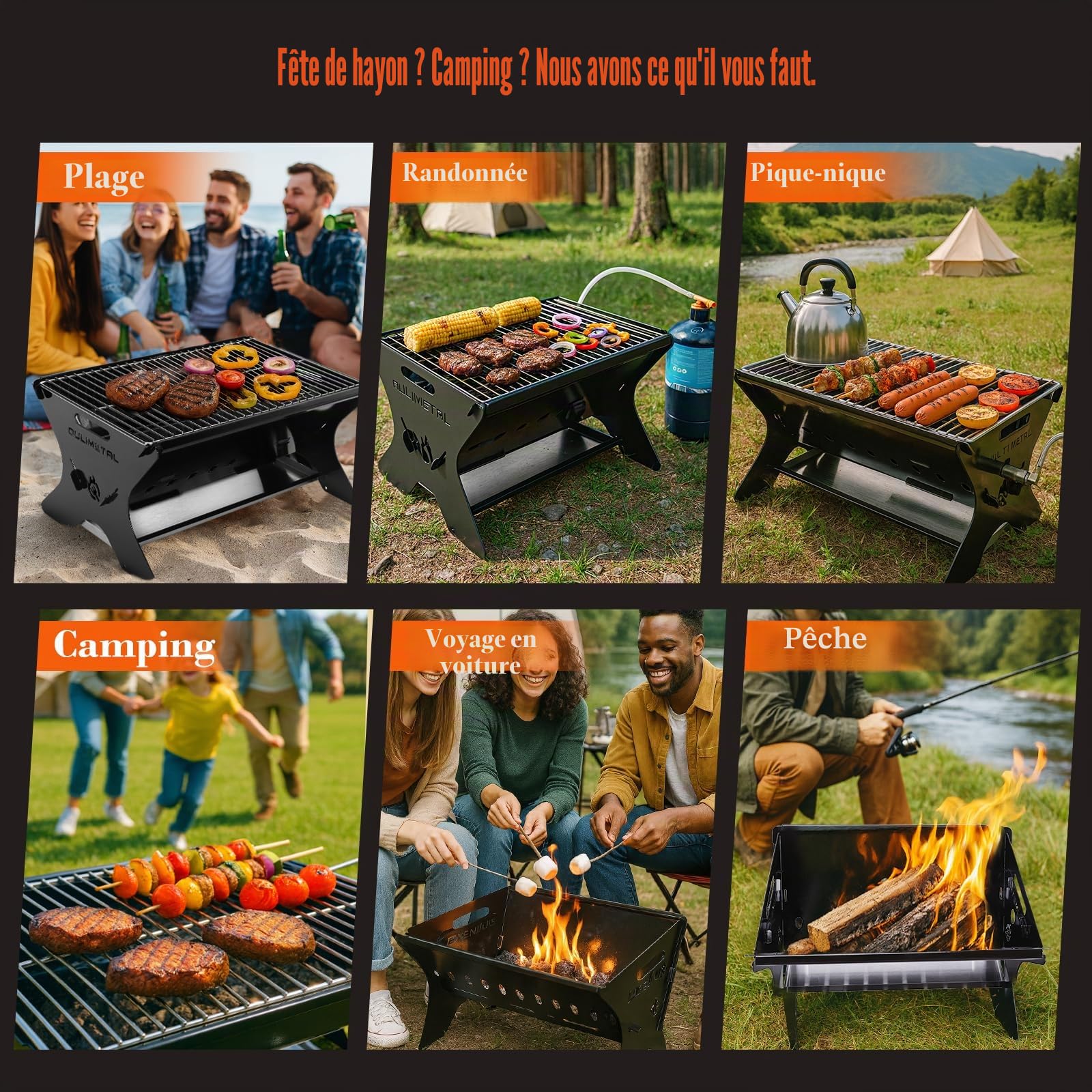 QuliMetal Barbecue de camping portable – Barbecue à charbon/gaz pliable avec sac de transport | Barbecue de randonnée robuste et grille de foyer pour la cuisine en plein air, le camping, le tailgating