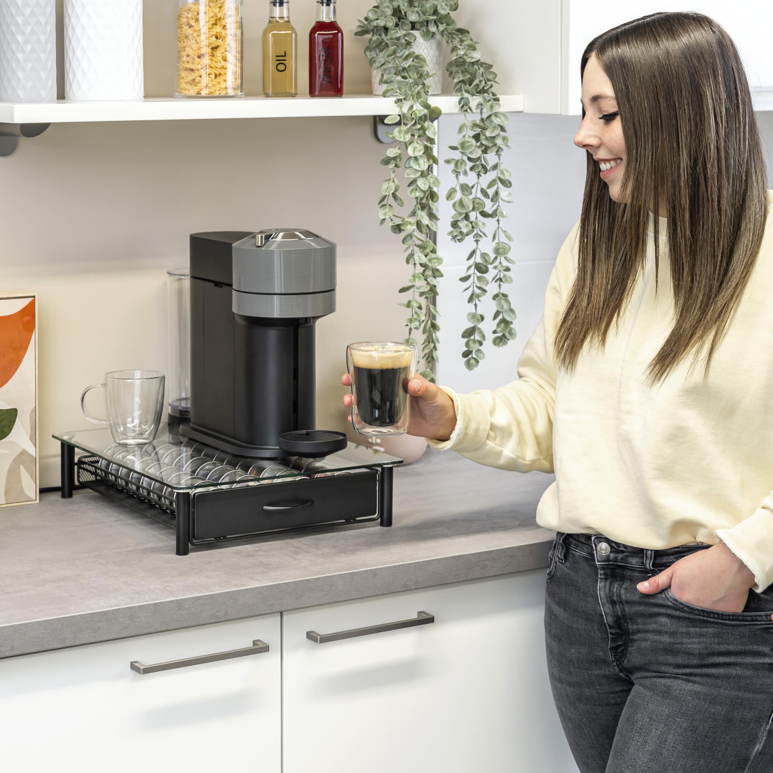 eluno Soporte para 40 cápsulas Nespresso Vertuo, cajón, soporte para máquina de cristal de metal y placa de cristal, caja de cápsulas de café, dispensador de cápsulas (transparente)