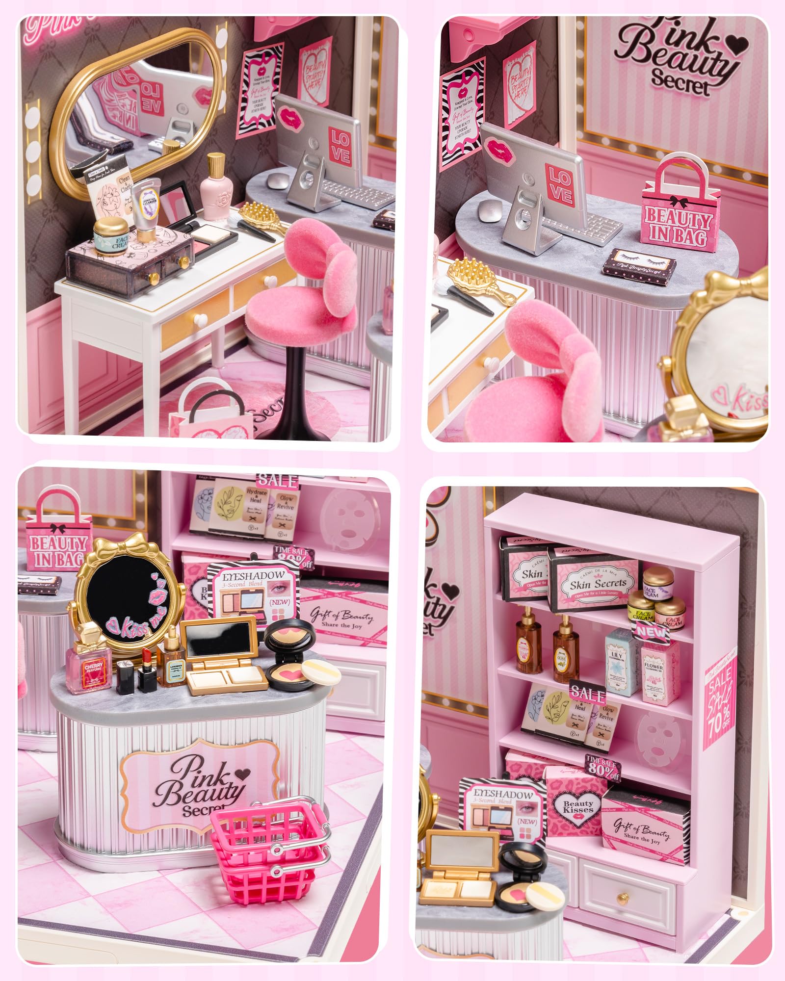 Rolife Super Creator Pink Beauty Store, Kit Fai da Te in Miniatura per Casa delle Bambole con Luce, Kit di Mobili per Casa delle Bambole in Plastica Senza Colla, Kit di Costruzione in Miniatura per