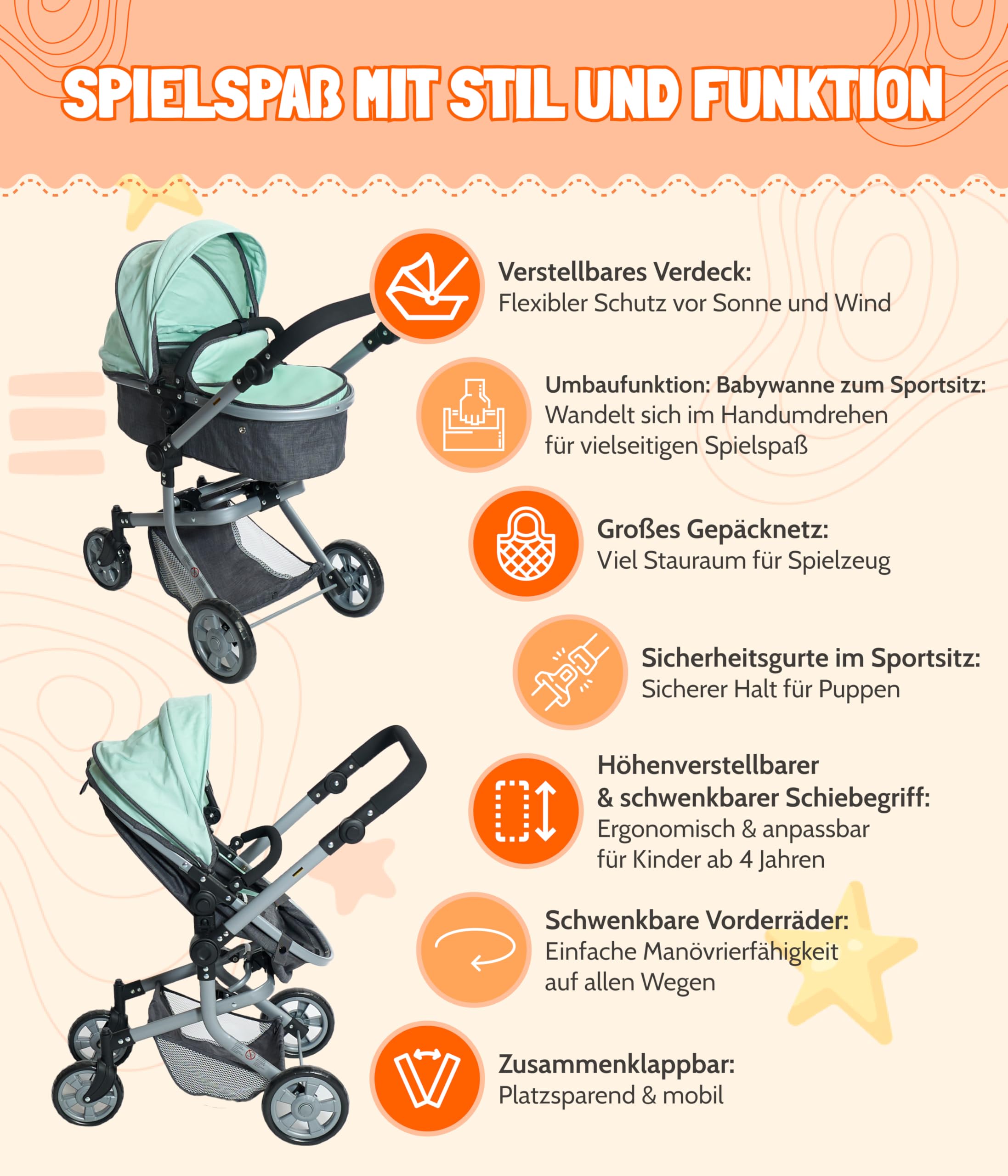 Bayer Chic 2000® 2in1 Puppenwagen Mika – Melange Mint – faltbar – höhenverstellbarer Griff 47-80 cm – modernes Gestell – Puppen bis 52 cm – 4-8 J.