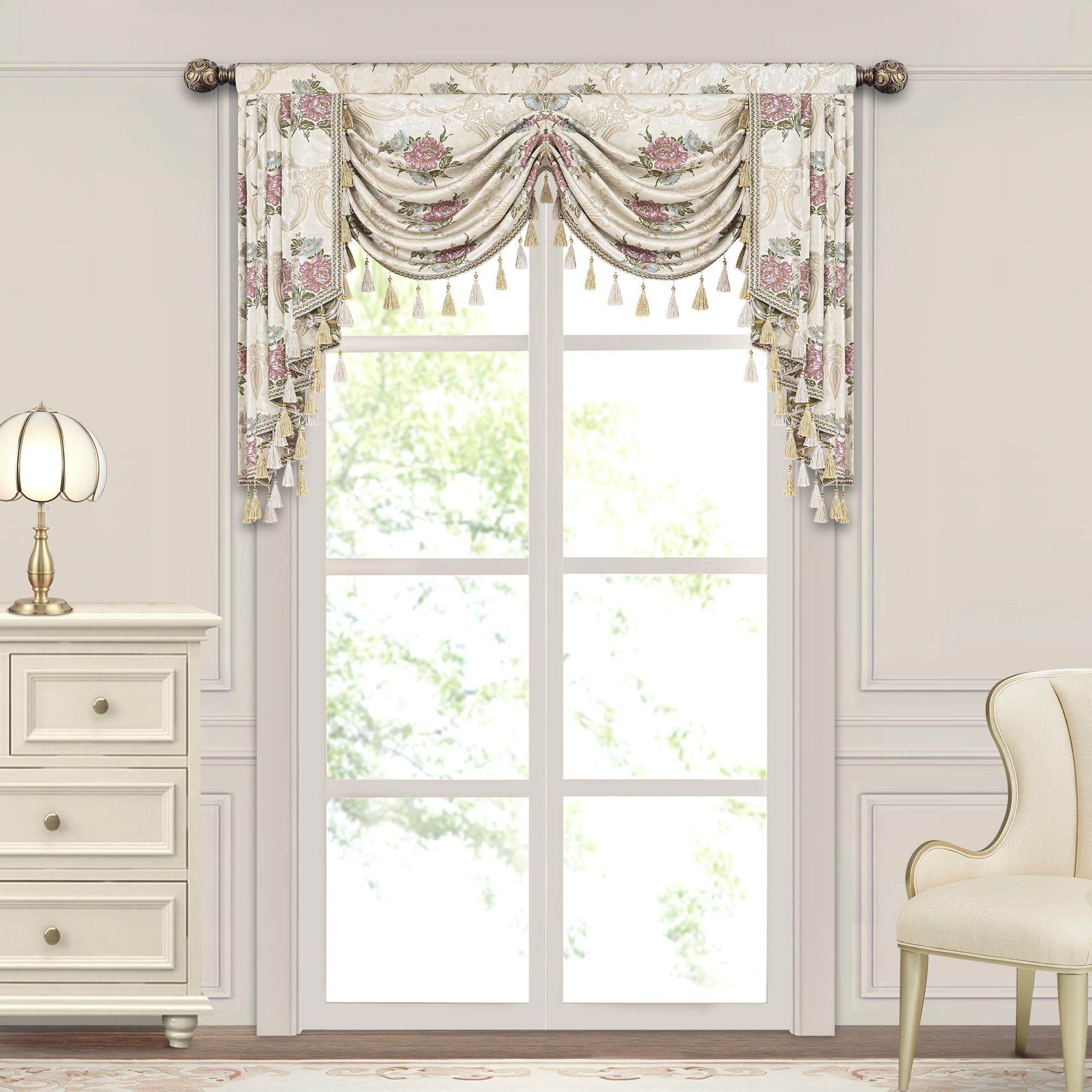 Mantovana a Cascata per Finestre, Mantovana Floreale con Nappe, Tenda Corta Jacquard per Camera da Letto Soggiorno Cucina (Larghezza 150cm, Beige)