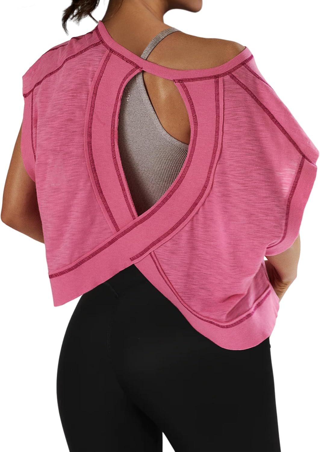 Women Open Back Short Sleeve Workout T Shirts Casual Loose Gym Running Yoga Shirt Athletic Tee Activewear Crop Tops