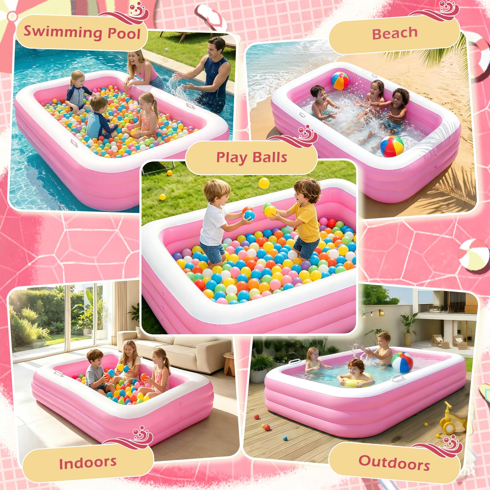 Piscina Hinchable Niños, Piscina Infantil Rectangular con 2 Pelotas de Playa y 2 Mini Pistolas de Agua, Piscine de Verano para Jardín, Exterior y Fiestas de Verano (Rosa)