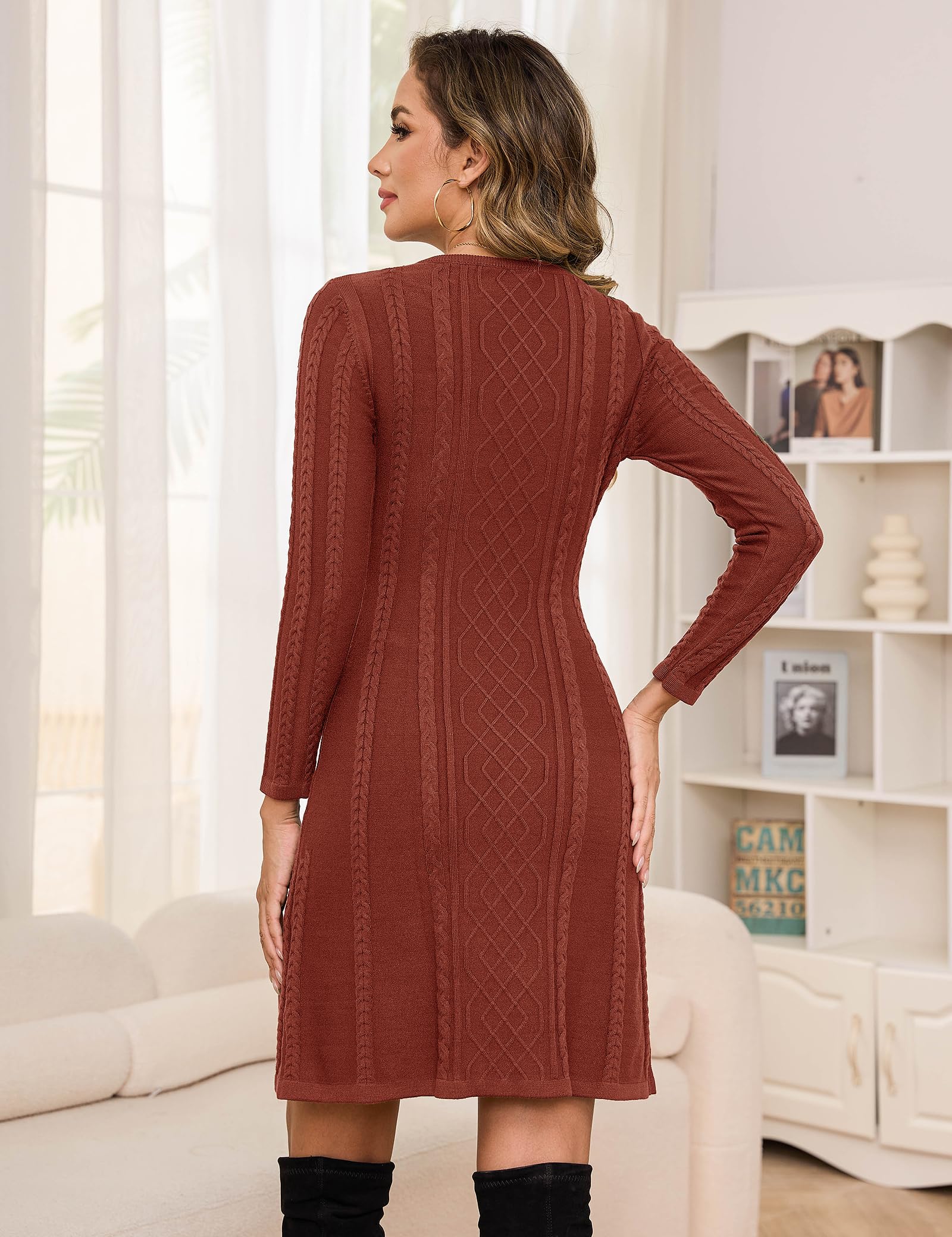 Aottori Robe Pull Femme Hiver Décontractée Tricotée Robe Pull Elegant Col Rond A Ligne Robes Casual Manches Longues Mini Robe Pull pour Fête Loisirs Cocktail Robe Pull