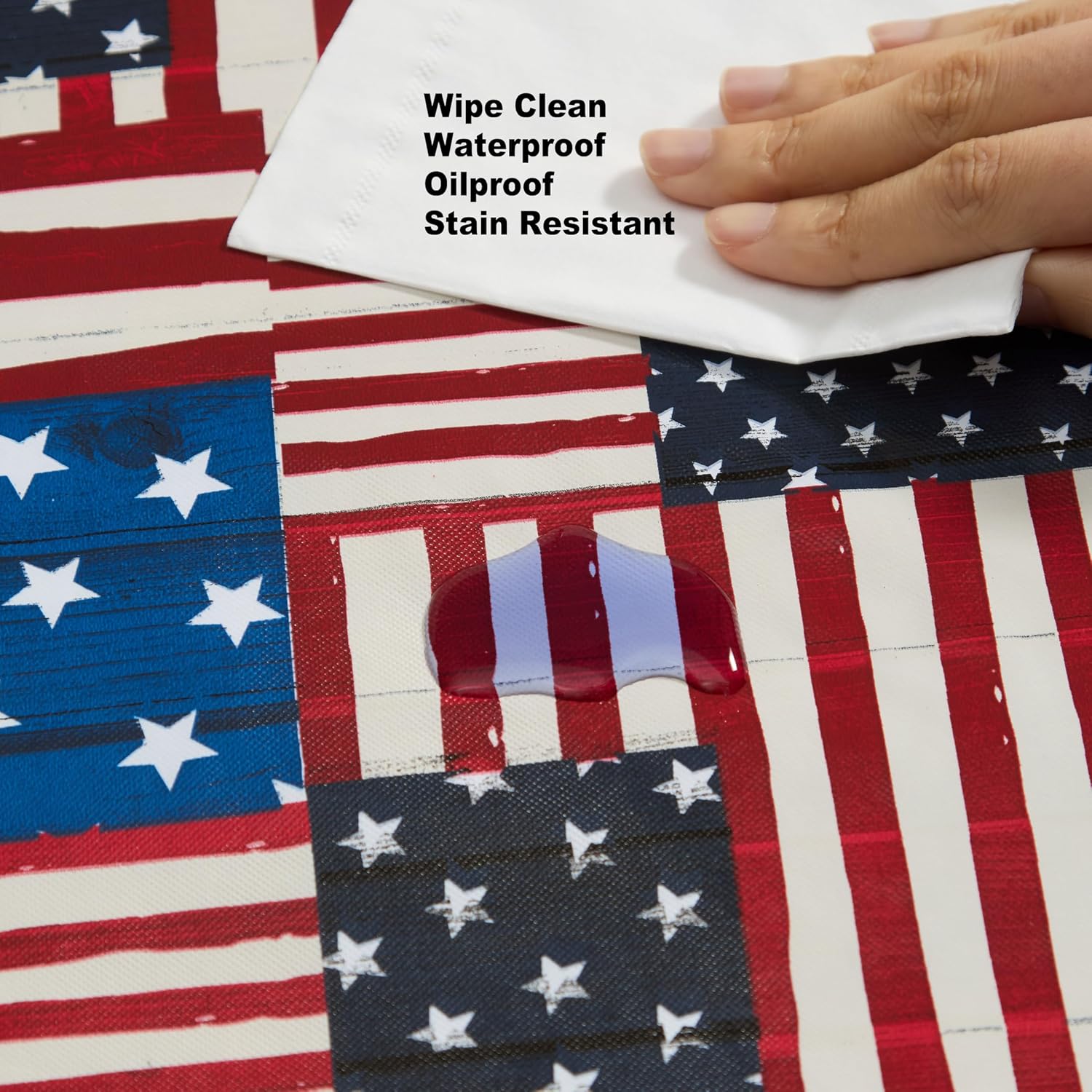 Newbridge American Flag Collage White Vinyl Tablecloth with Flannel Backing, Patriotic Stars and Stripes Patchwork Print, Easy Care Wipe Clean Indoor Outdoor Table Cover, 60 x 102 Inch Rectangle
